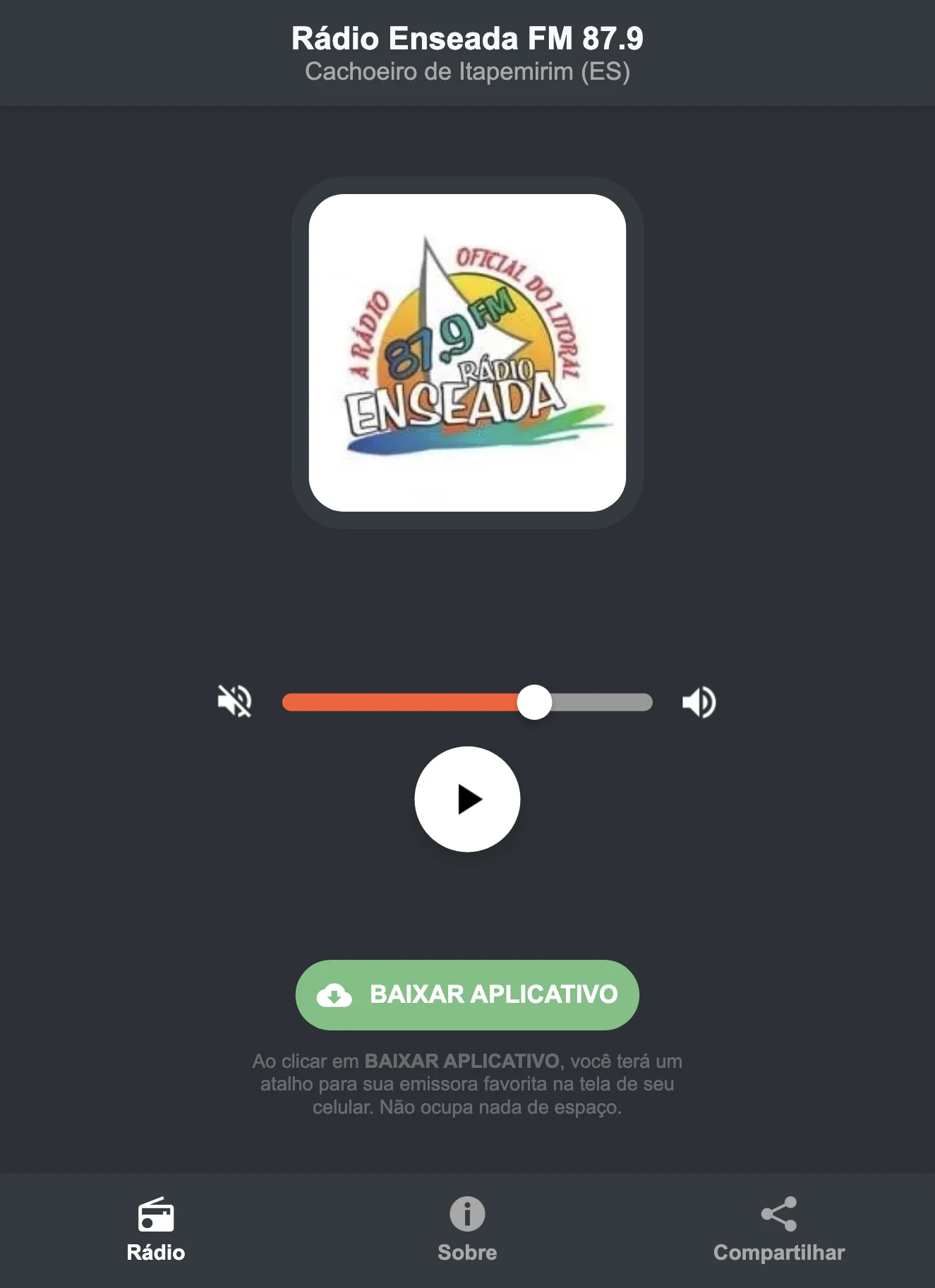 Screenshot do aplicativo da Rádio Enseada FM 87.9