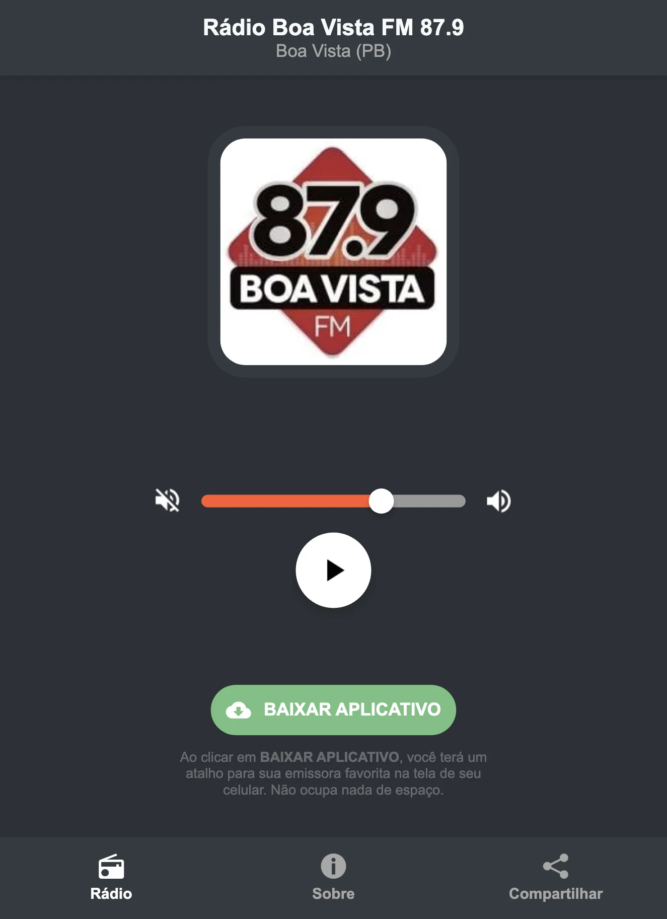 Screenshot do aplicativo da Rádio Boa Vista FM 87.9
