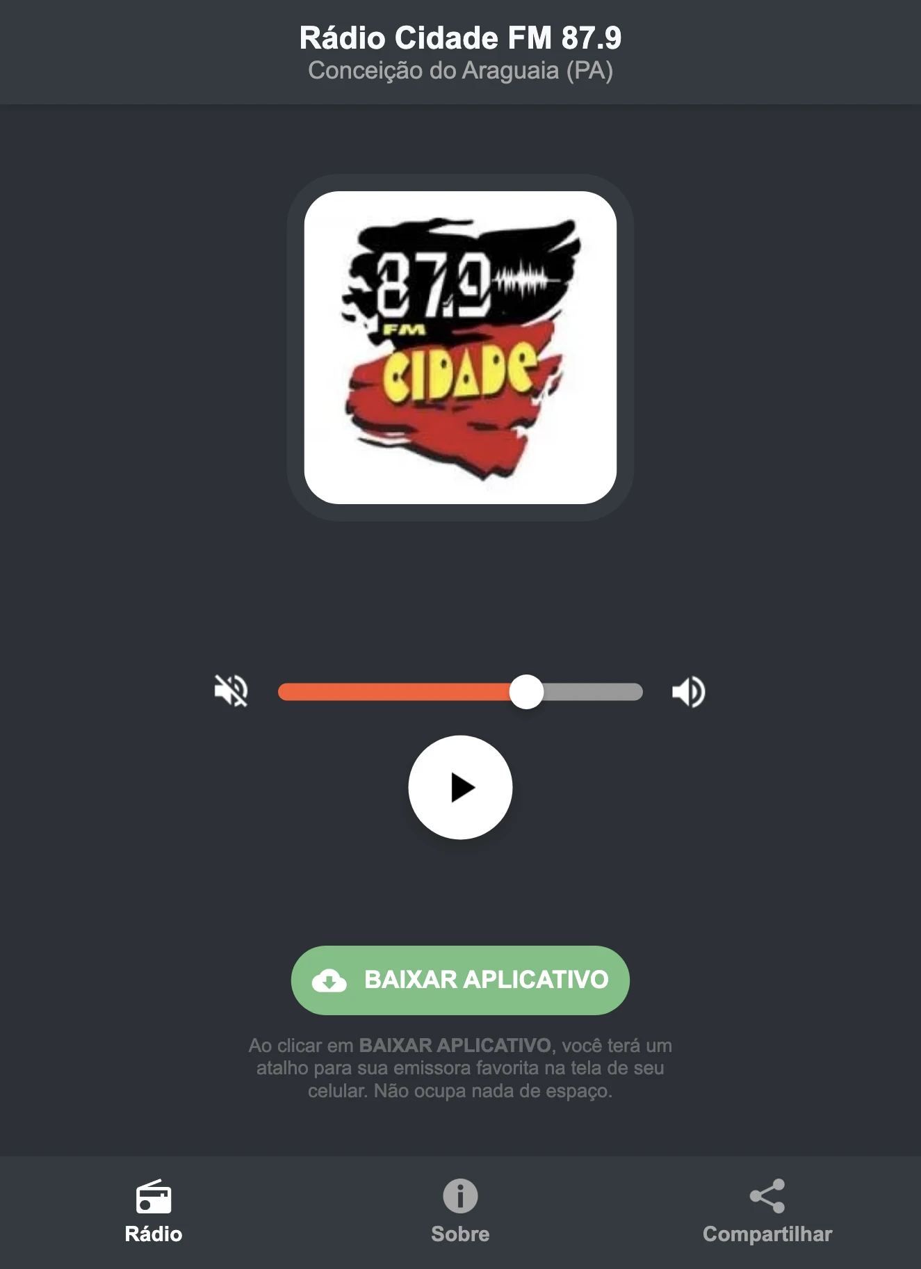 Screenshot do aplicativo da Rádio Cidade FM 87.9