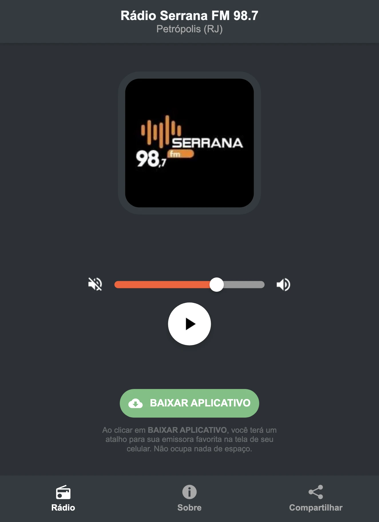 Screenshot do aplicativo da Rádio Serrana FM 98.7