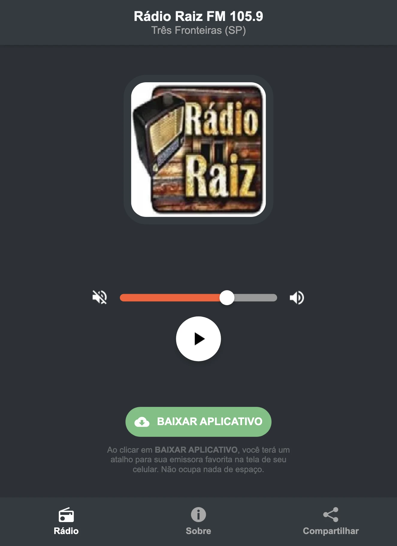 Screenshot do aplicativo da Rádio Raiz FM 105.9