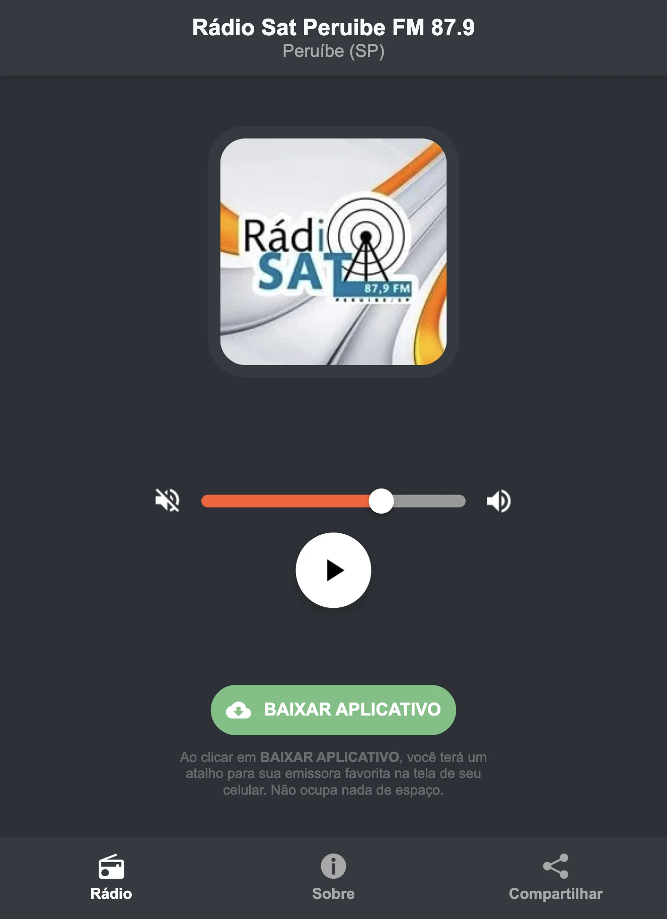 Screenshot do aplicativo da Rádio Sat Peruibe FM 87.9