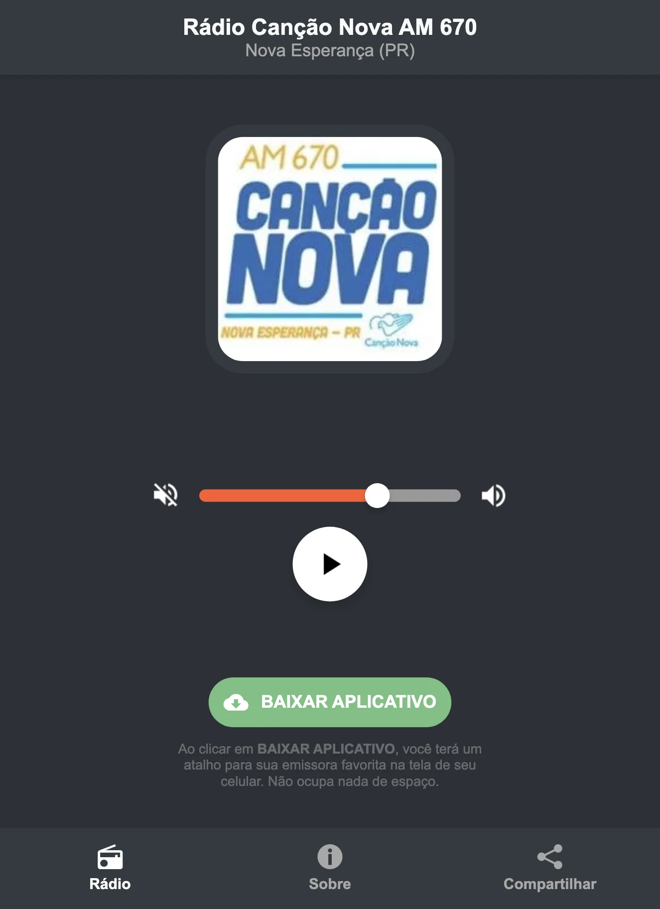 Screenshot do aplicativo da Rádio Canção Nova AM 670