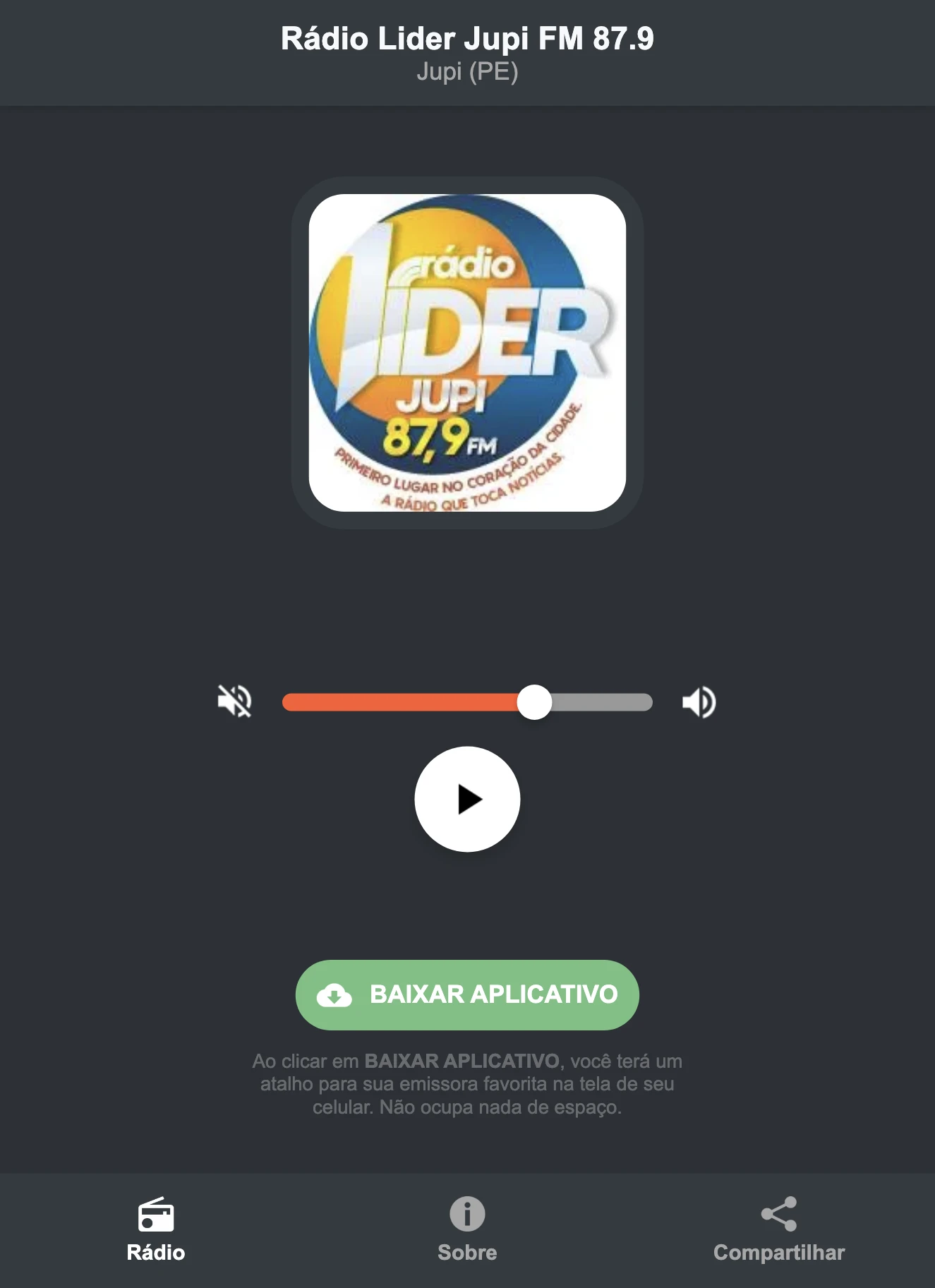 Screenshot do aplicativo da Rádio Lider Jupi FM 87.9