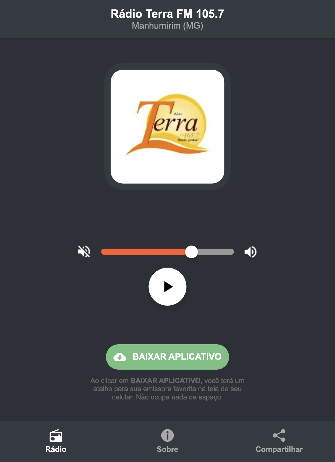 Screenshot do aplicativo da Rádio Terra FM 105.7