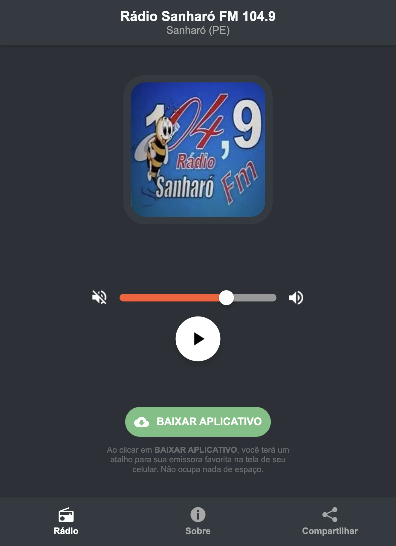 Screenshot do aplicativo da Rádio Sanharó FM 104.9