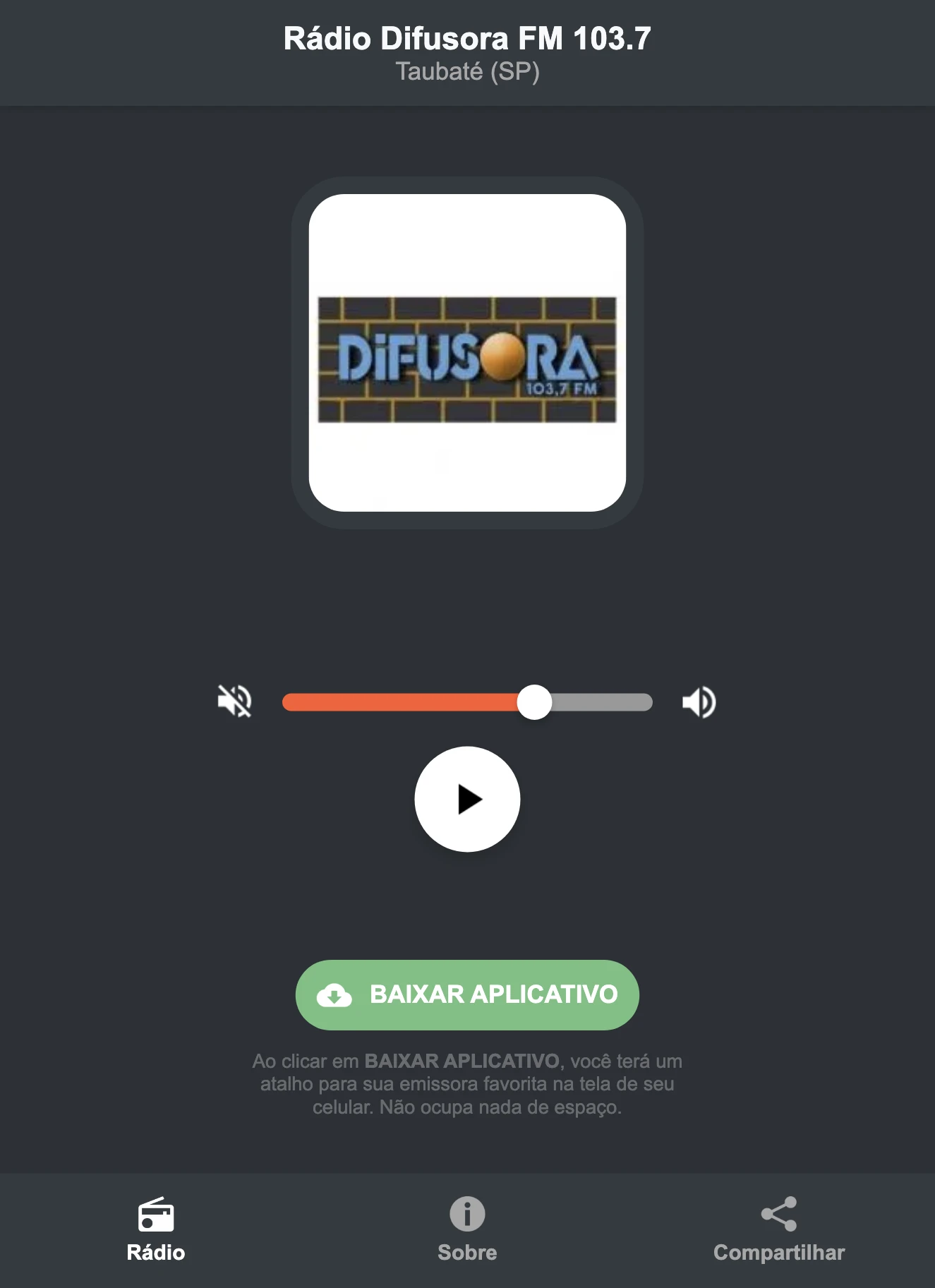 Screenshot do aplicativo da Rádio Difusora FM 103.7