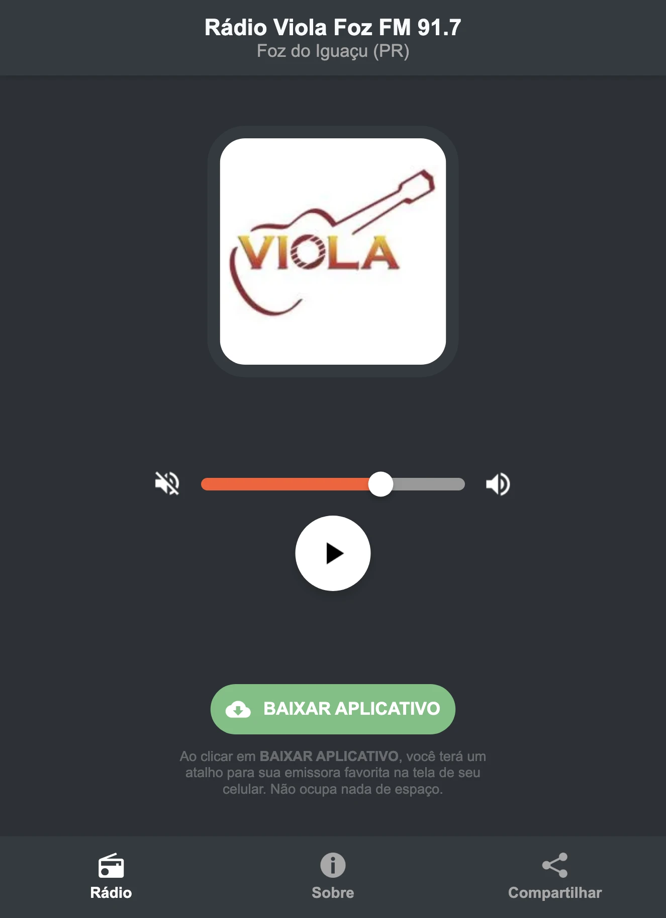 Screenshot do aplicativo da Rádio Viola Foz FM 91.7