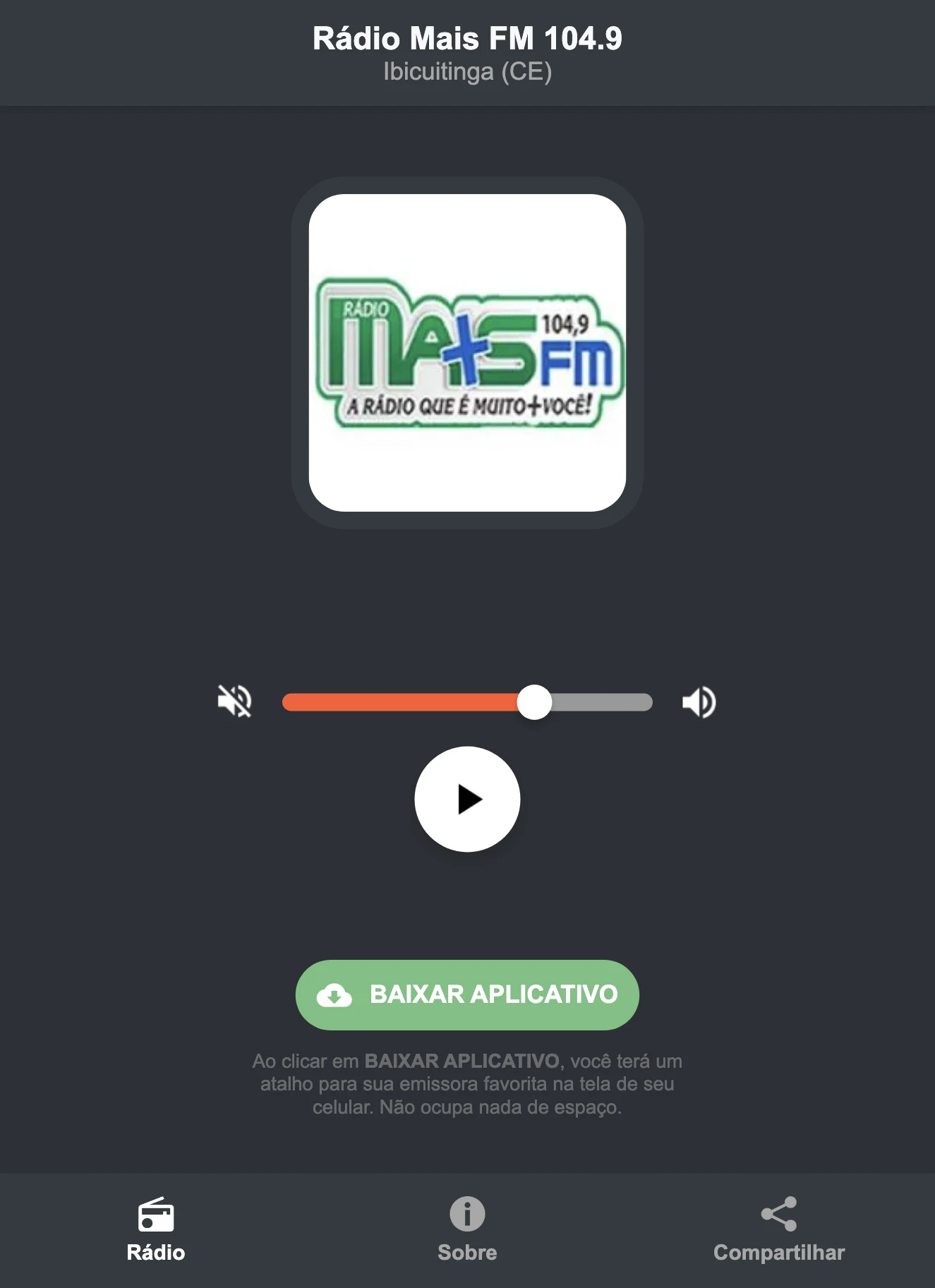 Screenshot do aplicativo da Rádio Mais FM 104.9