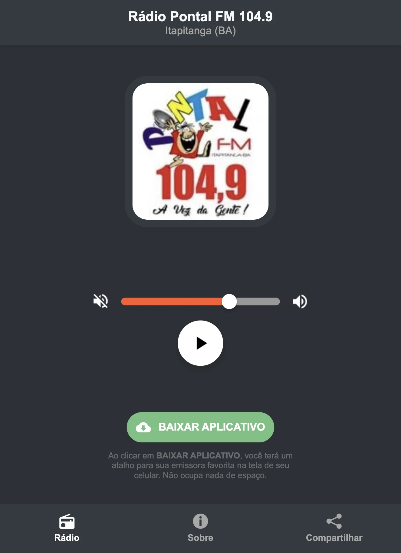 Screenshot do aplicativo da Rádio Pontal FM 104.9