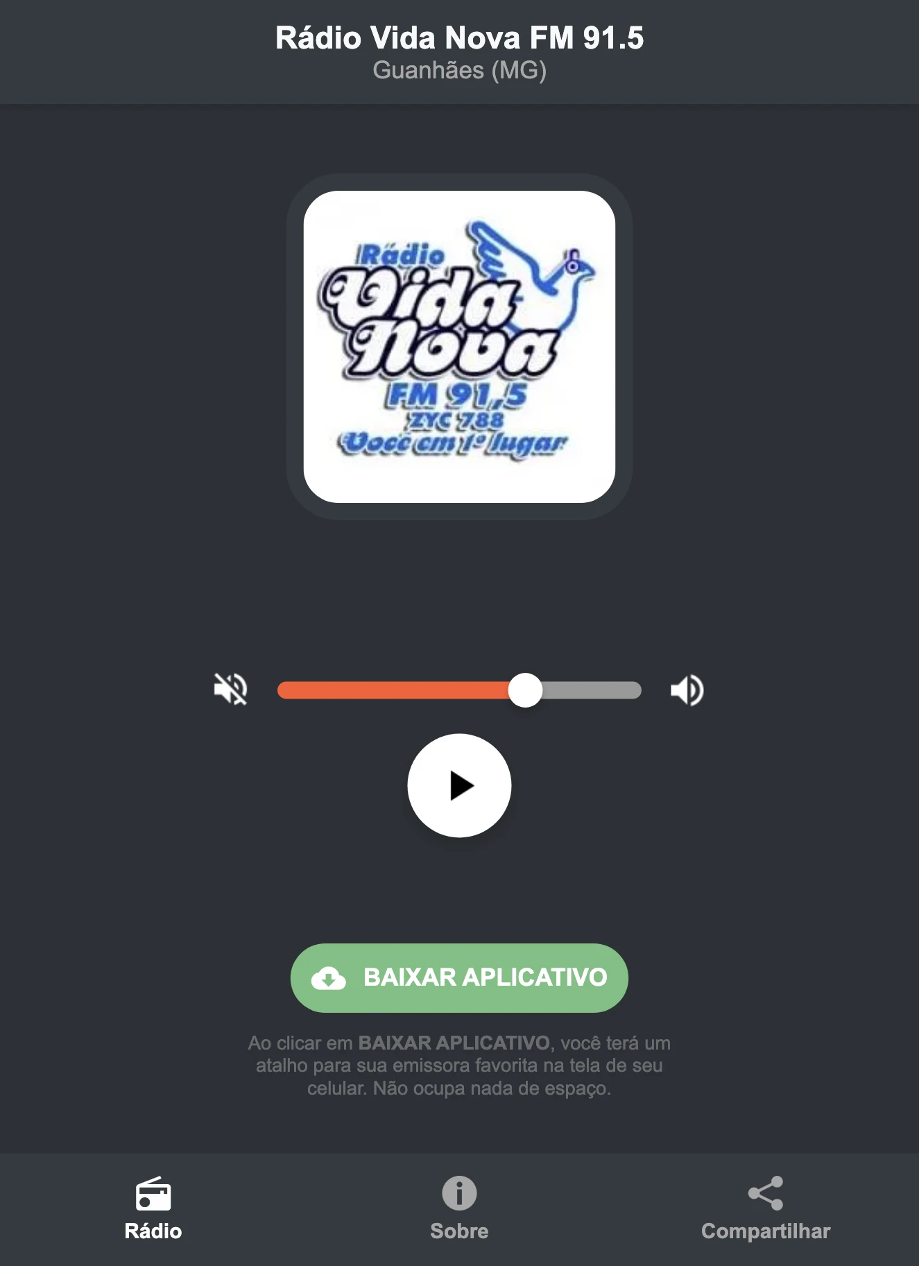 Screenshot do aplicativo da Rádio Vida Nova FM 91.5