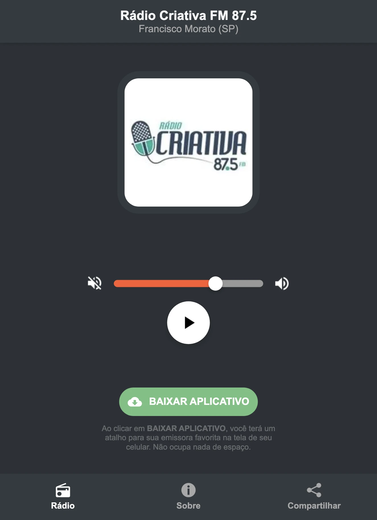 Screenshot do aplicativo da Rádio Criativa FM 87.5