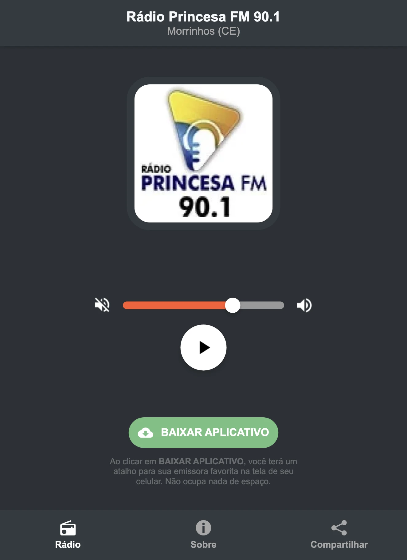 Screenshot do aplicativo da Rádio Princesa FM 90.1
