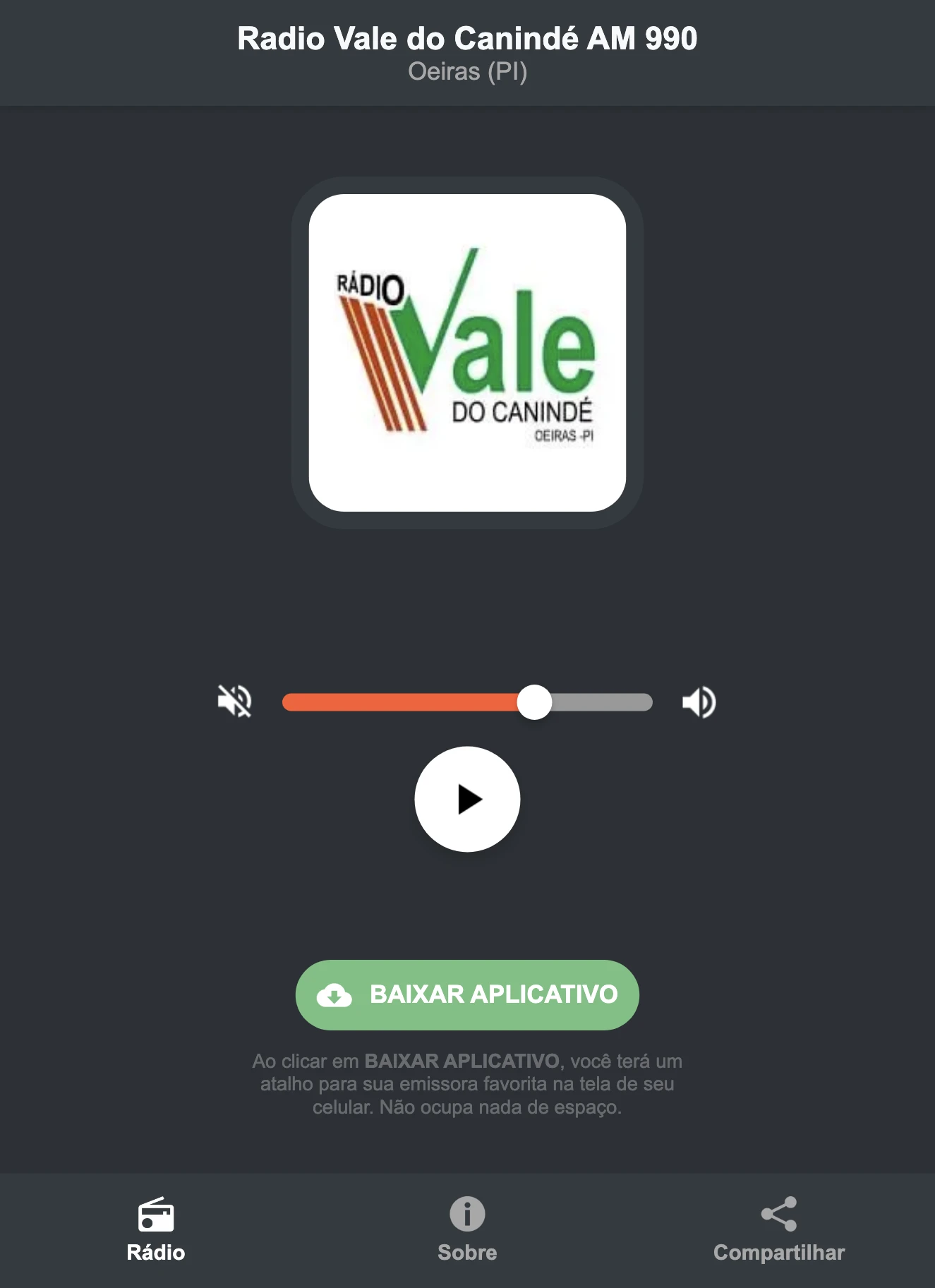 Screenshot do aplicativo da Radio Vale do Canindé AM 990