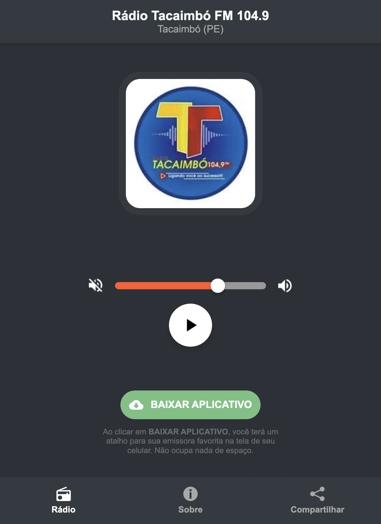 Screenshot do aplicativo da Rádio Tacaimbó FM 104.9