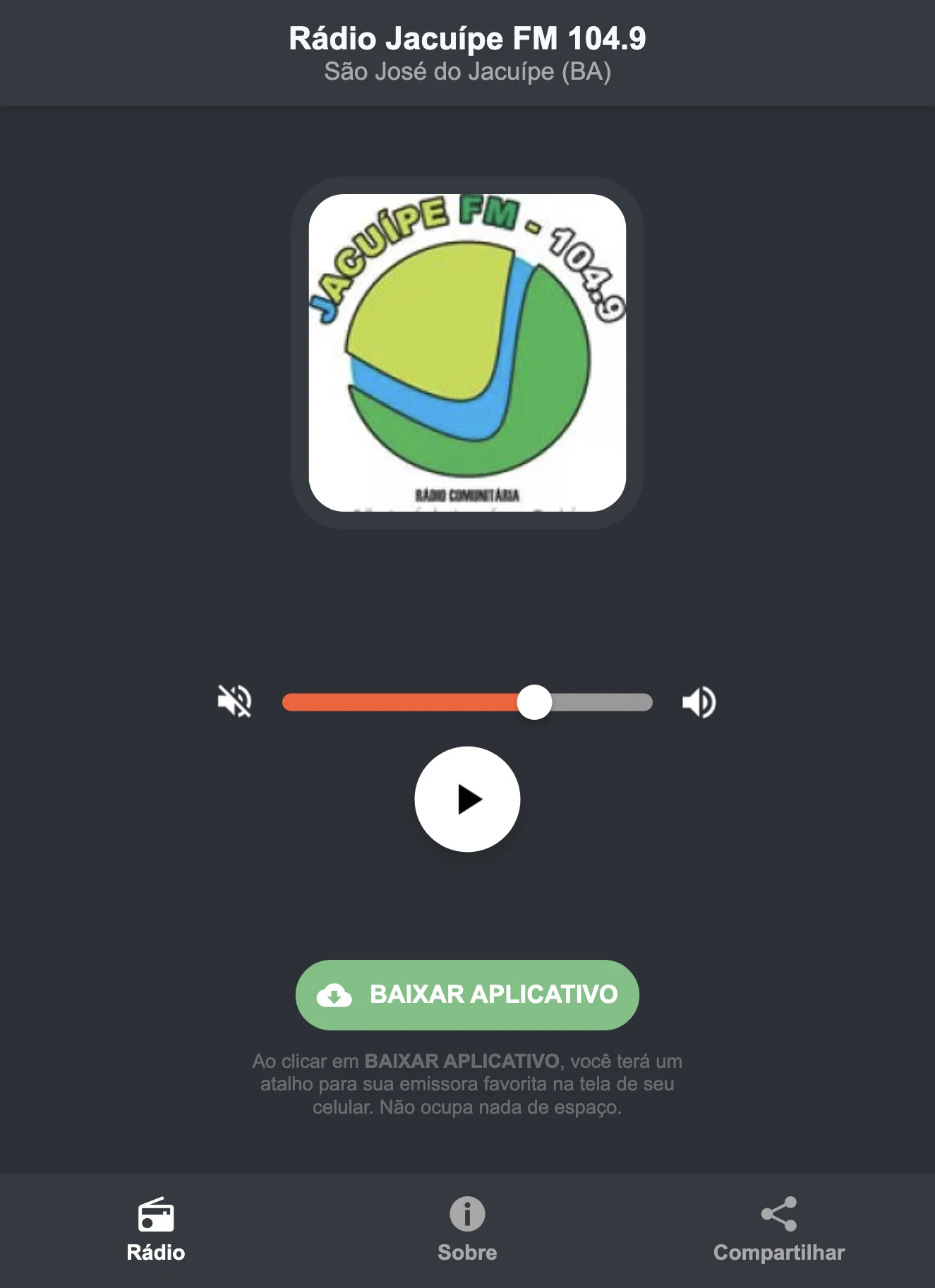 Screenshot do aplicativo da Rádio Jacuípe FM 104.9