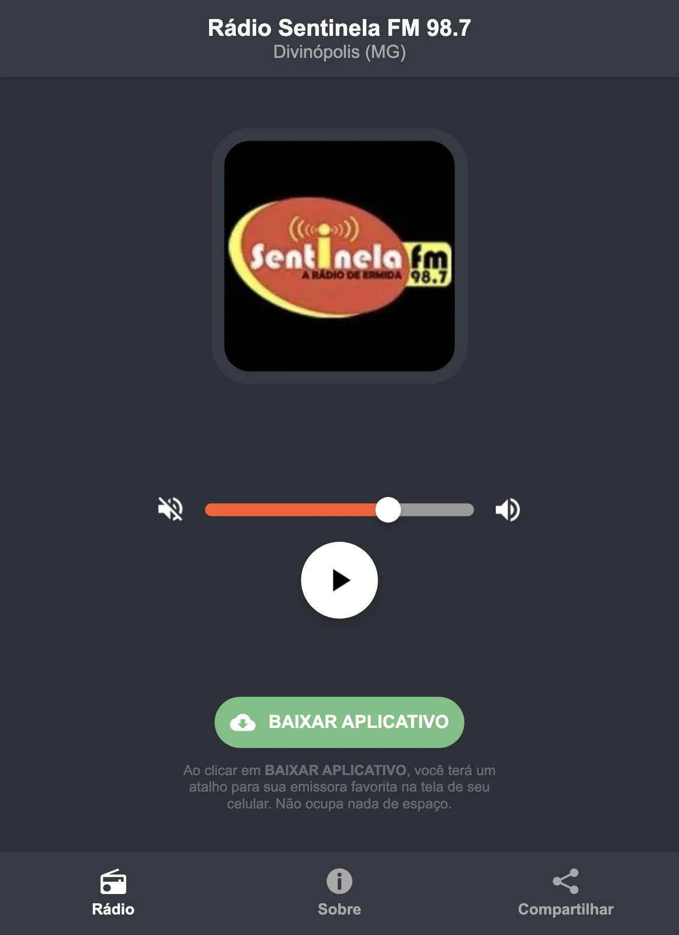 Screenshot do aplicativo da Rádio Sentinela FM 98.7