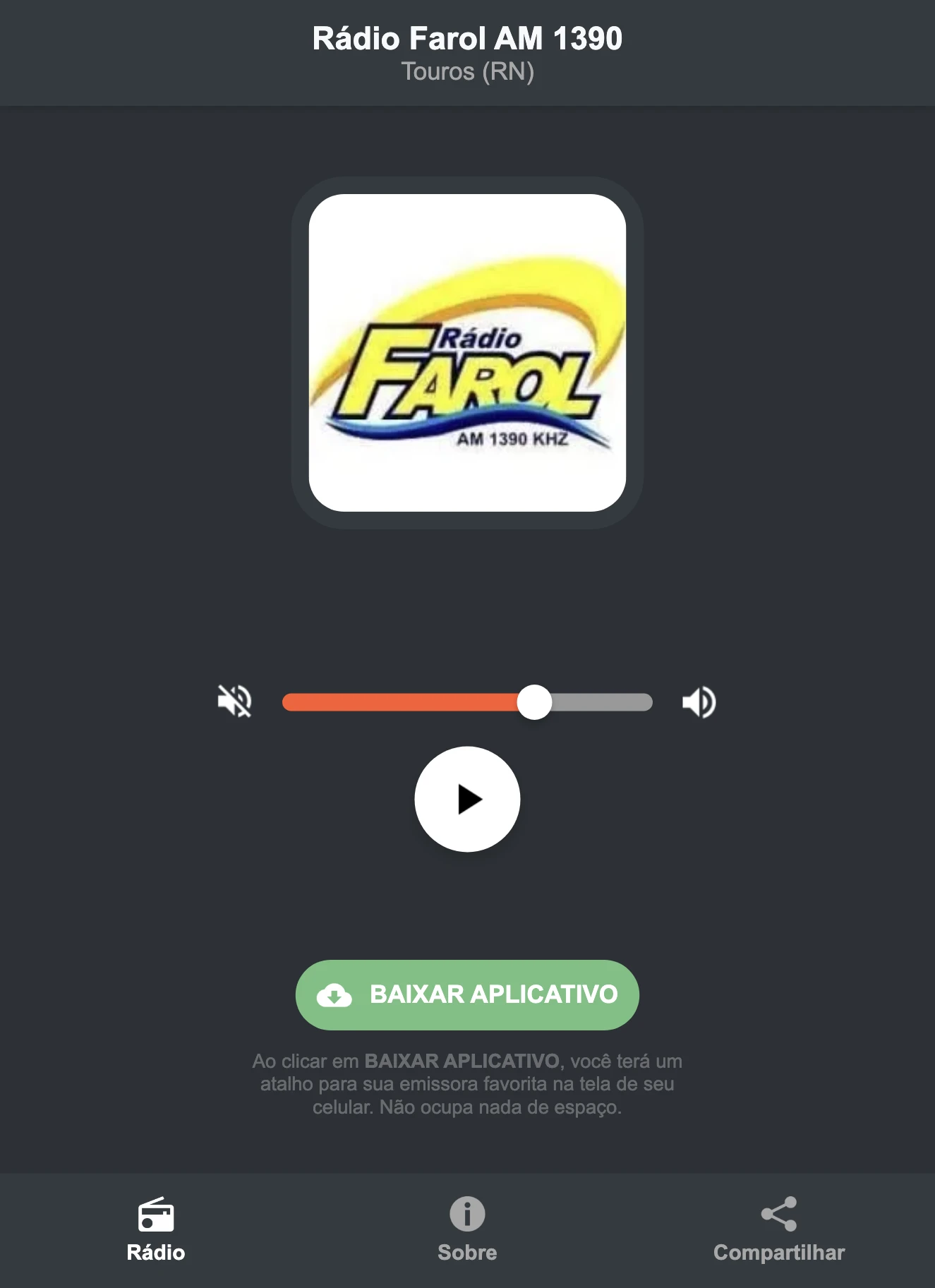 Screenshot do aplicativo da Rádio Farol AM 1390
