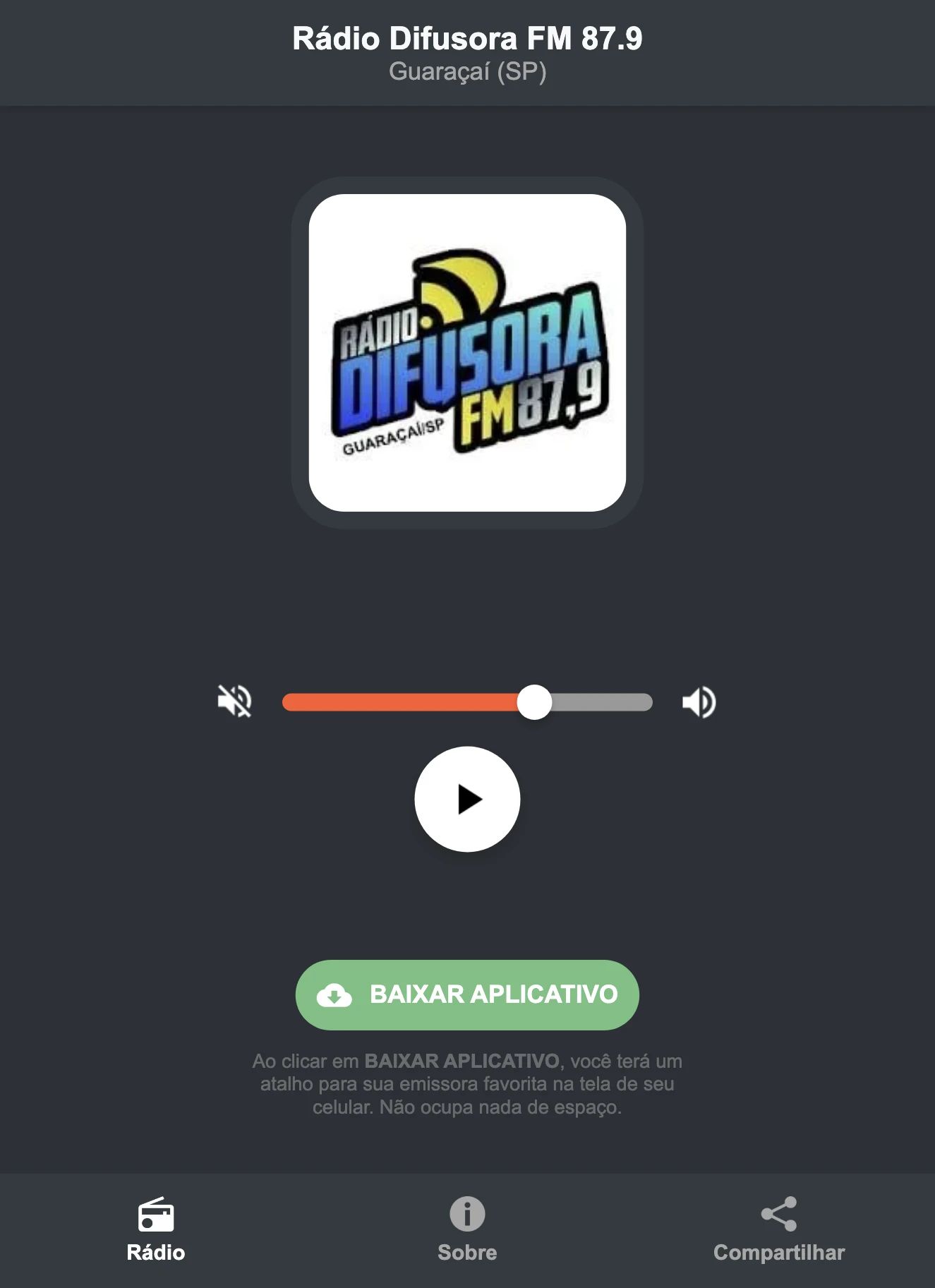 Screenshot do aplicativo da Rádio Difusora FM 87.9