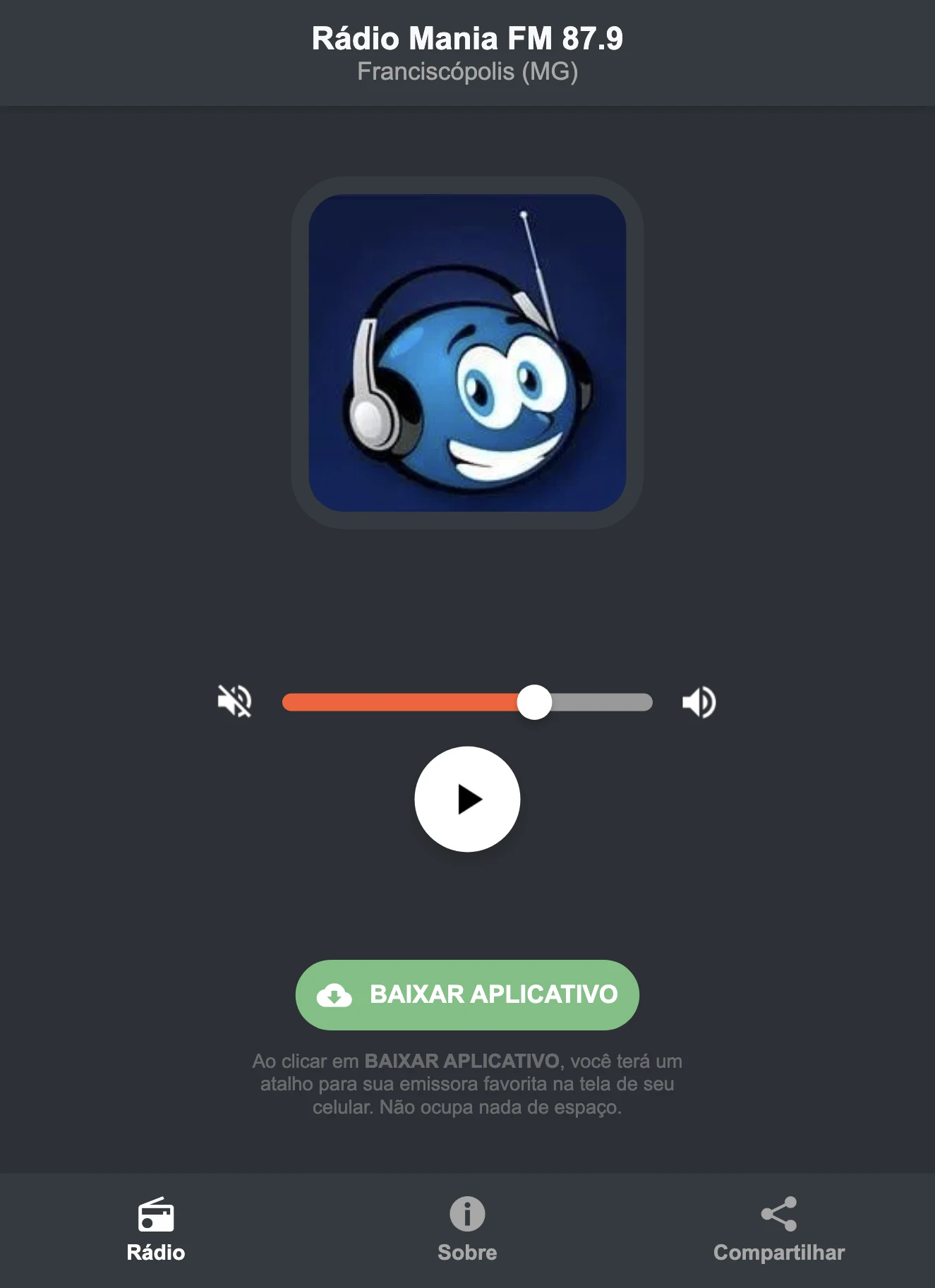 Screenshot do aplicativo da Rádio Mania FM 87.9