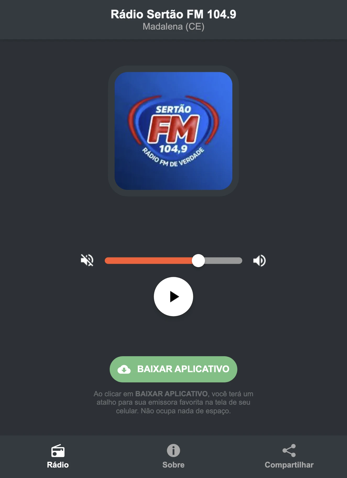 Screenshot do aplicativo da Rádio Sertão FM 104.9