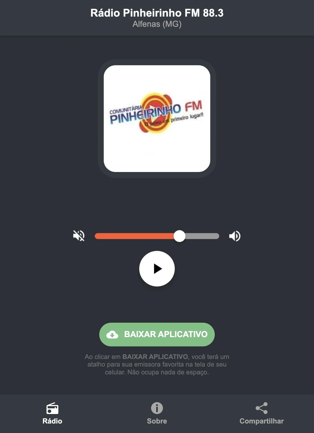 Screenshot do aplicativo da Rádio Pinheirinho FM 88.3