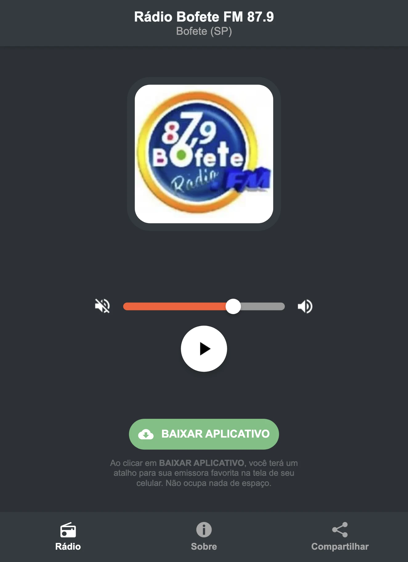 Screenshot do aplicativo da Rádio Bofete FM 87.9