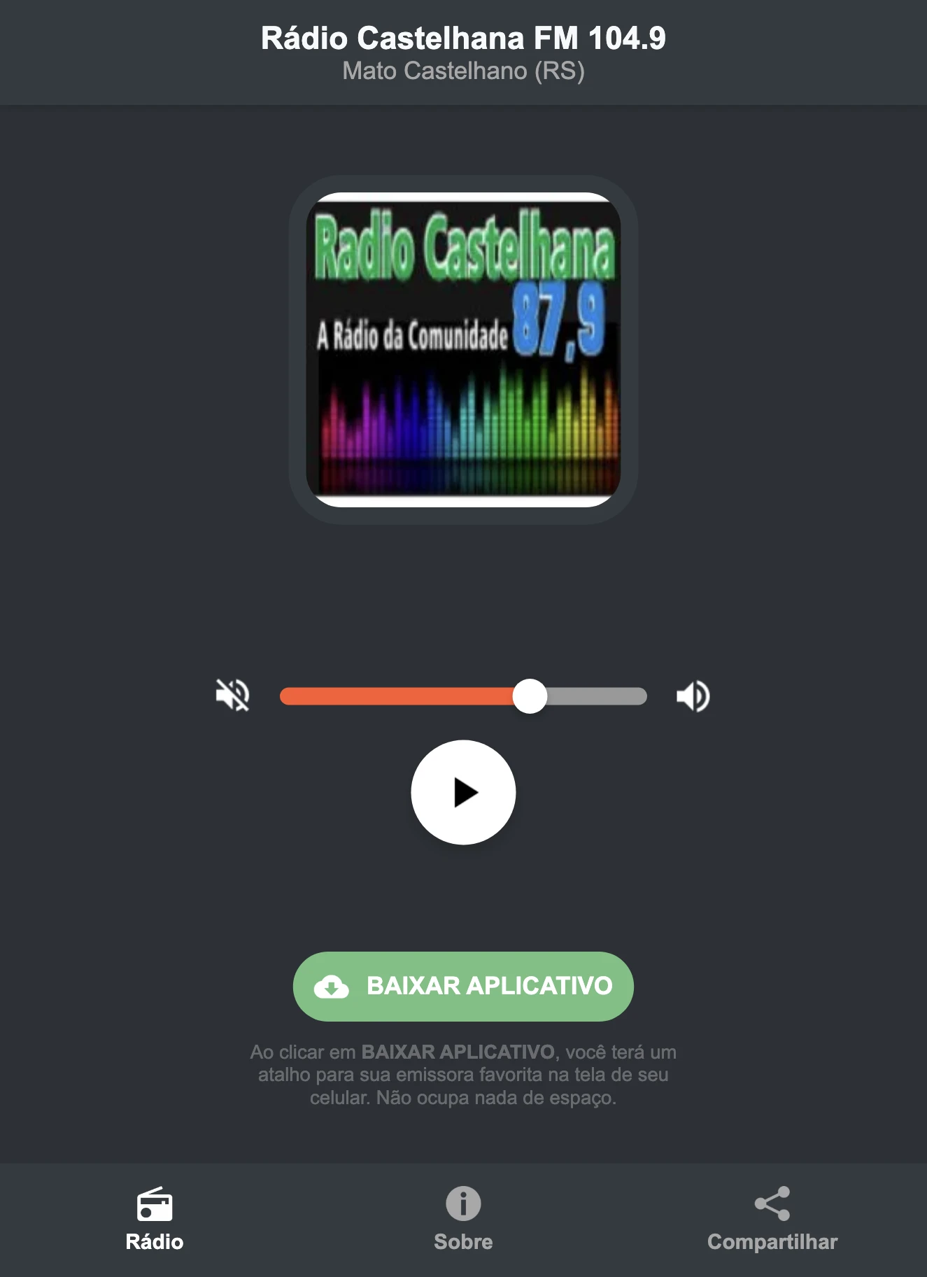 Screenshot do aplicativo da Rádio Castelhana FM 104.9