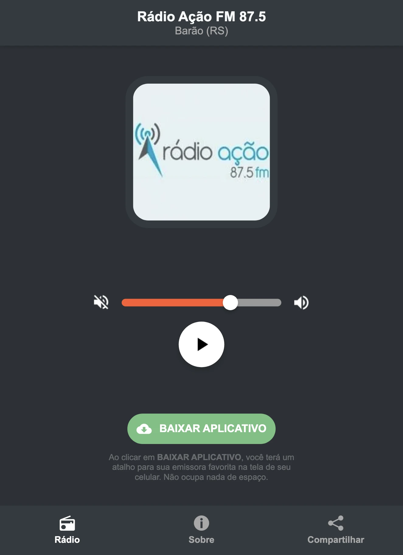 Screenshot do aplicativo da Rádio Ação FM 87.5