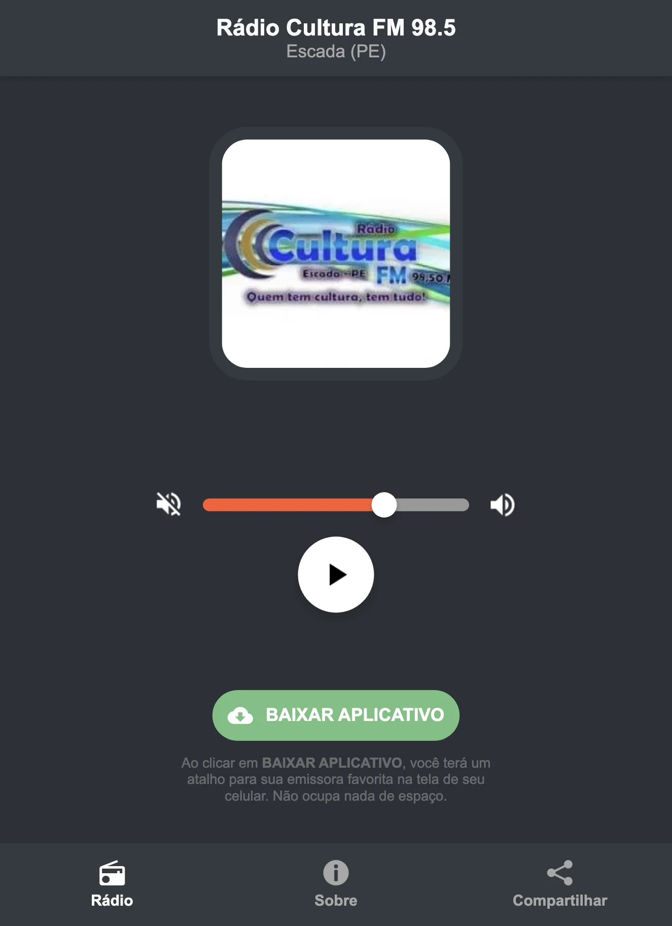 Screenshot do aplicativo da Rádio Cultura FM 98.5