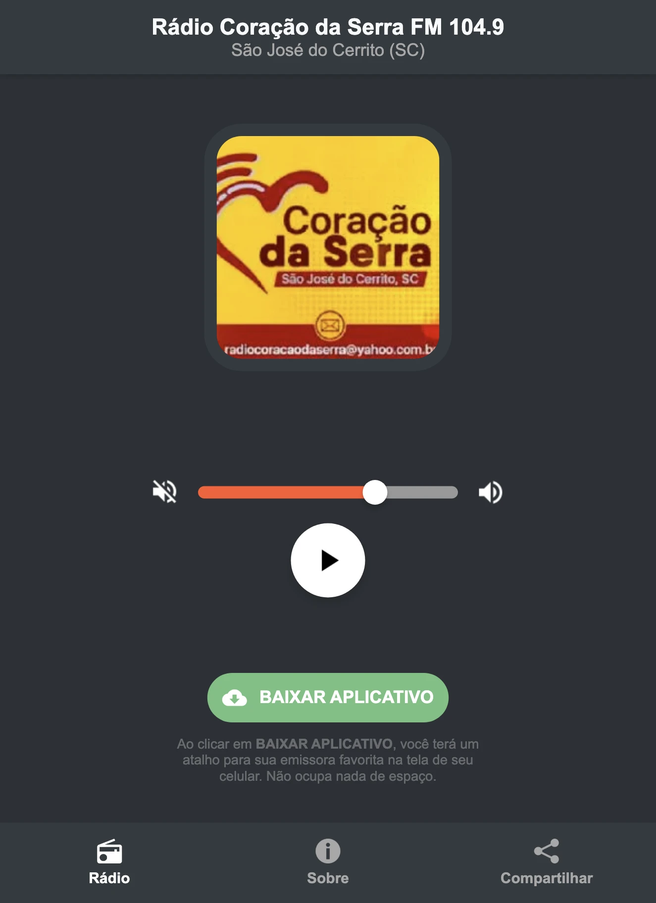 Screenshot do aplicativo da Rádio Coração da Serra FM 104.9