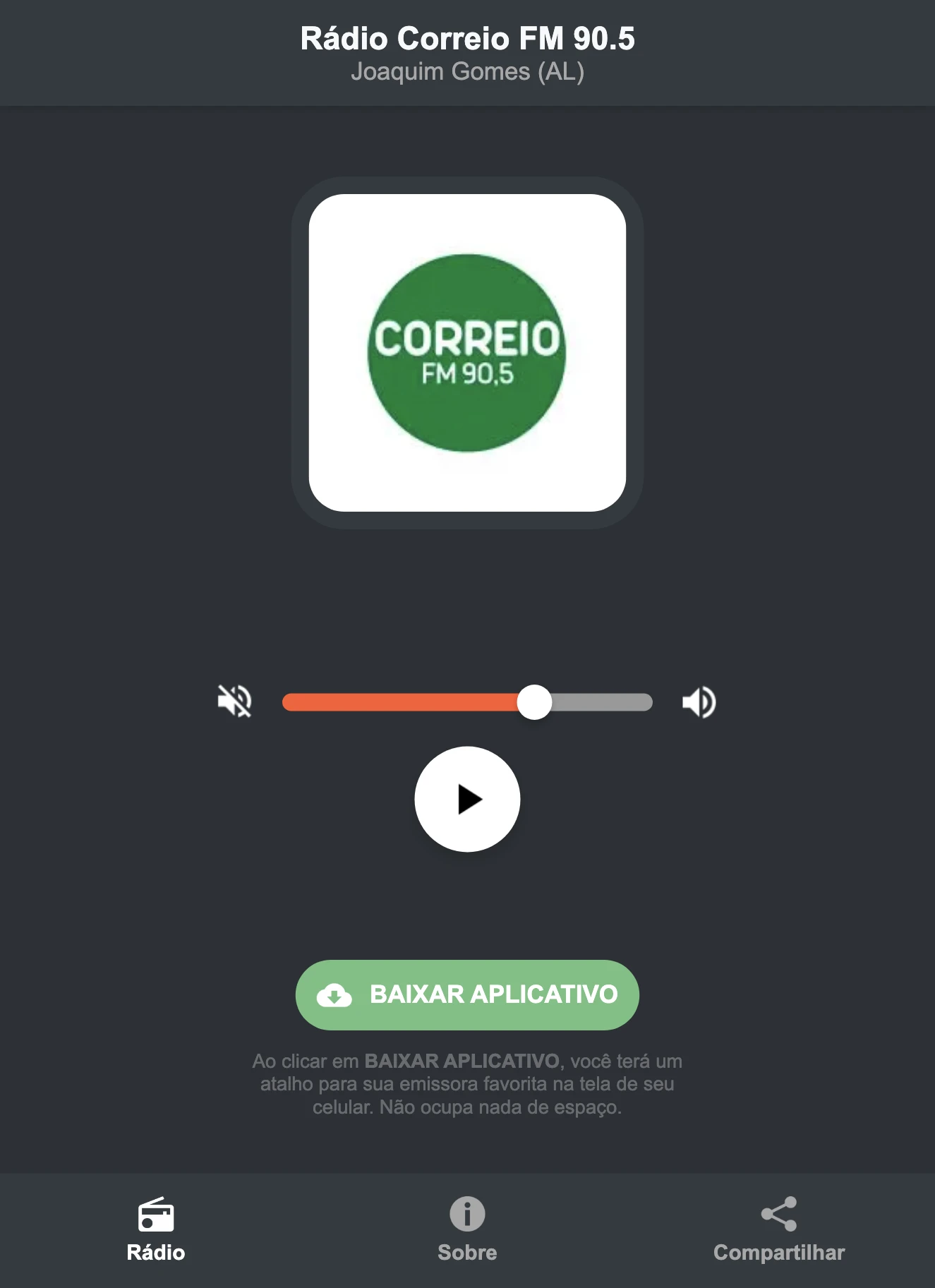 Screenshot do aplicativo da Rádio Correio FM 90.5