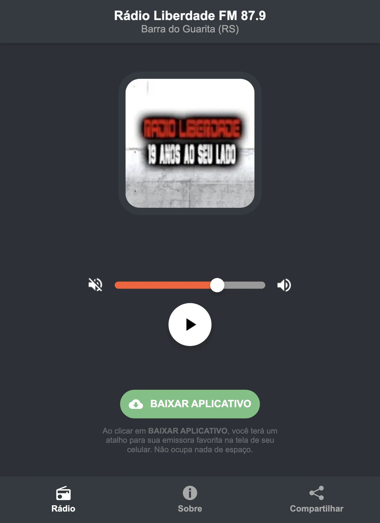 Screenshot do aplicativo da Rádio Liberdade FM 87.9