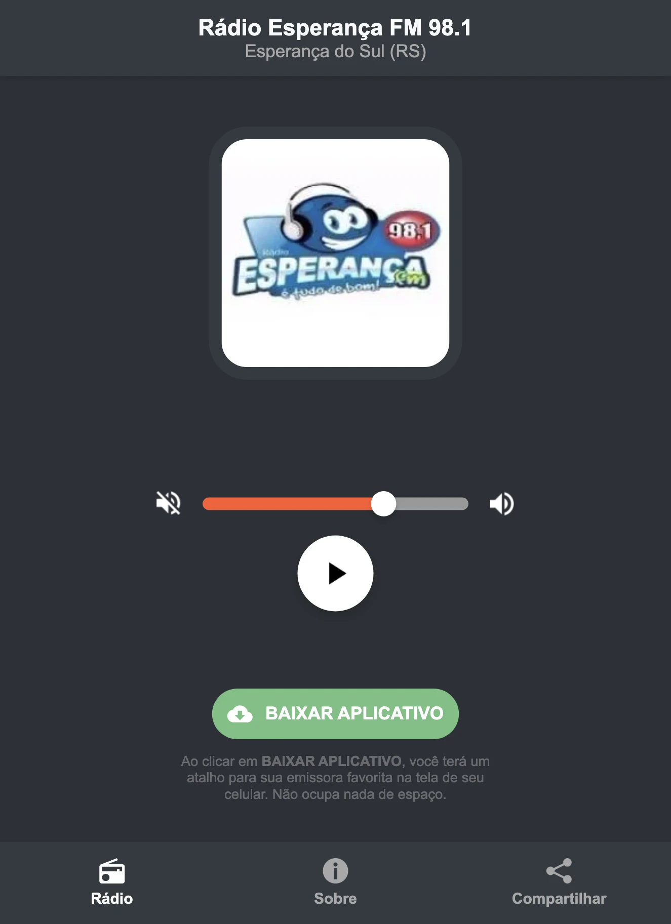 Screenshot do aplicativo da Rádio Esperança FM 98.1