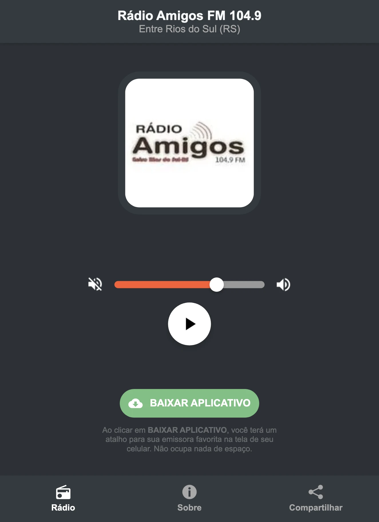 Screenshot do aplicativo da Rádio Amigos FM 104.9