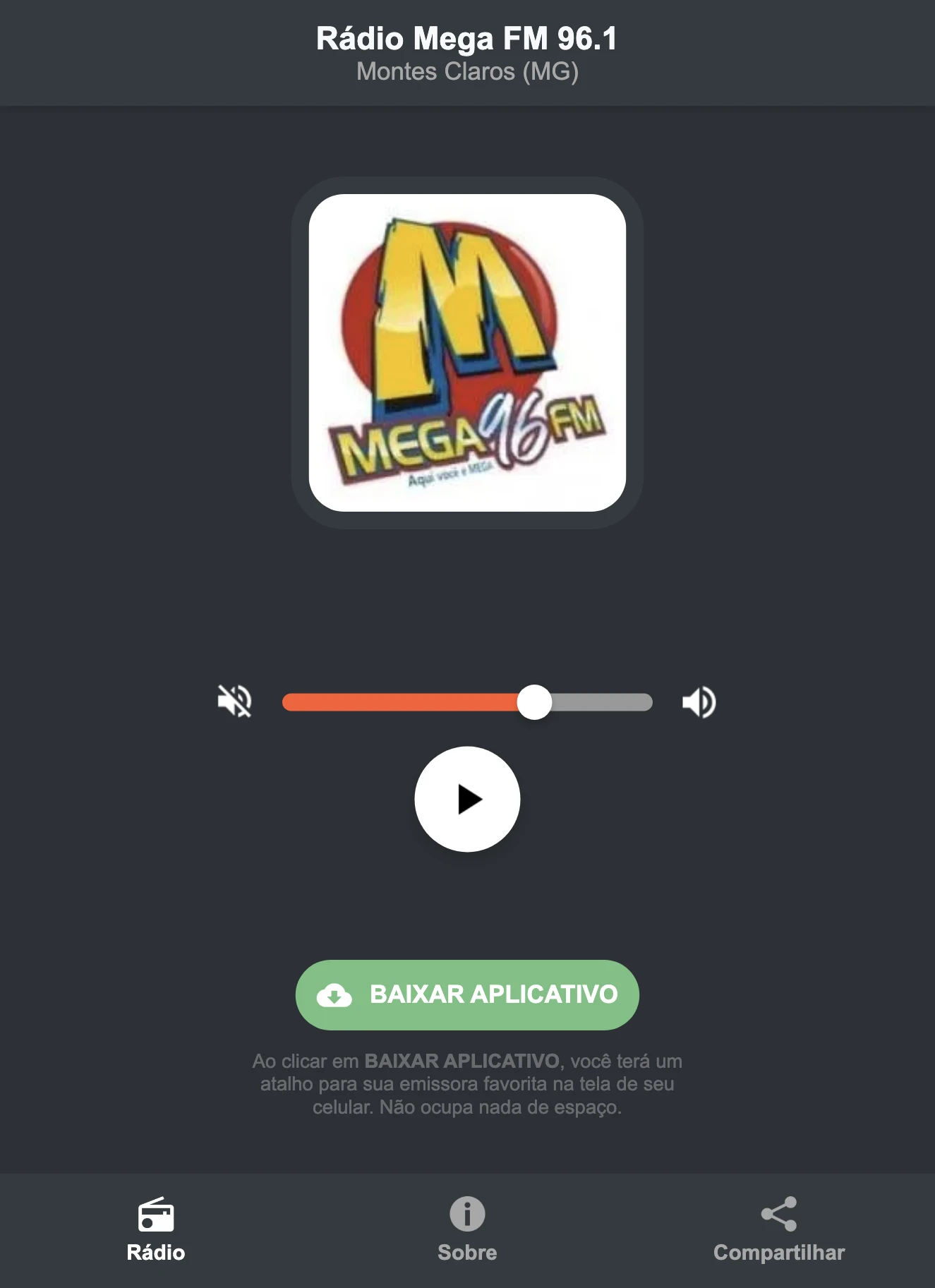 Screenshot do aplicativo da Rádio Mega FM 96.1