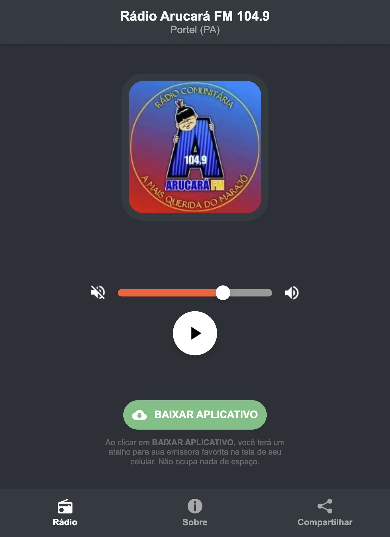Screenshot do aplicativo da Rádio Arucará FM 104.9