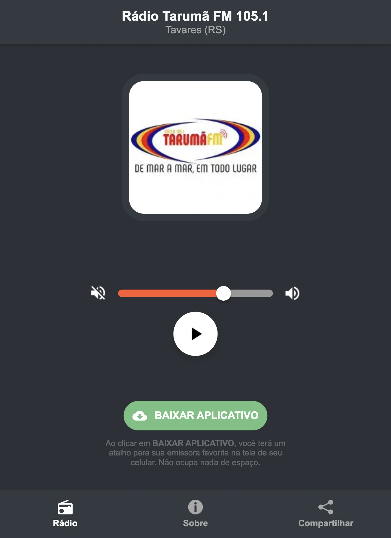 Screenshot do aplicativo da Rádio Tarumã FM 105.1