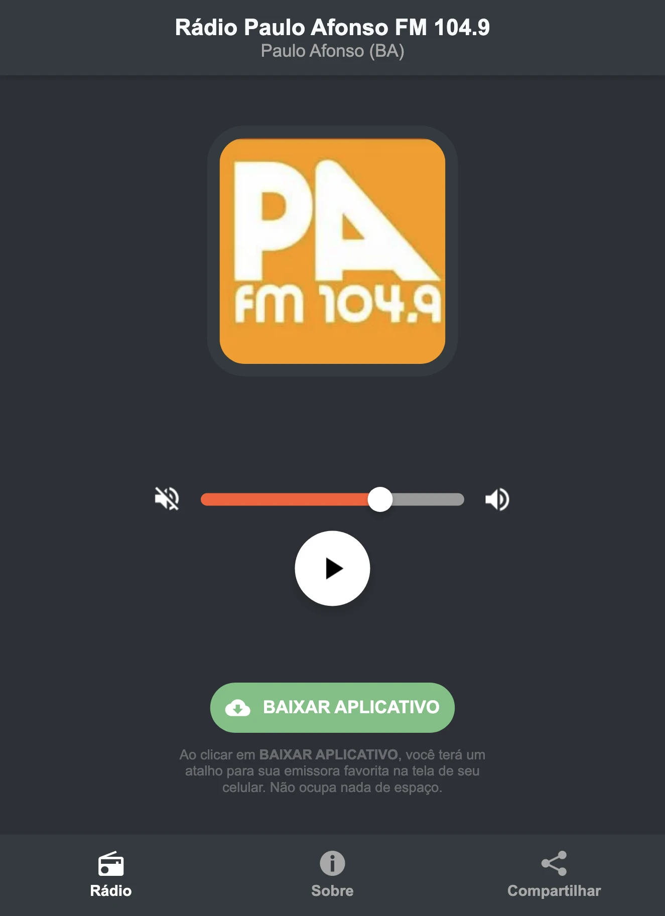 Screenshot do aplicativo da Rádio Paulo Afonso FM 104.9