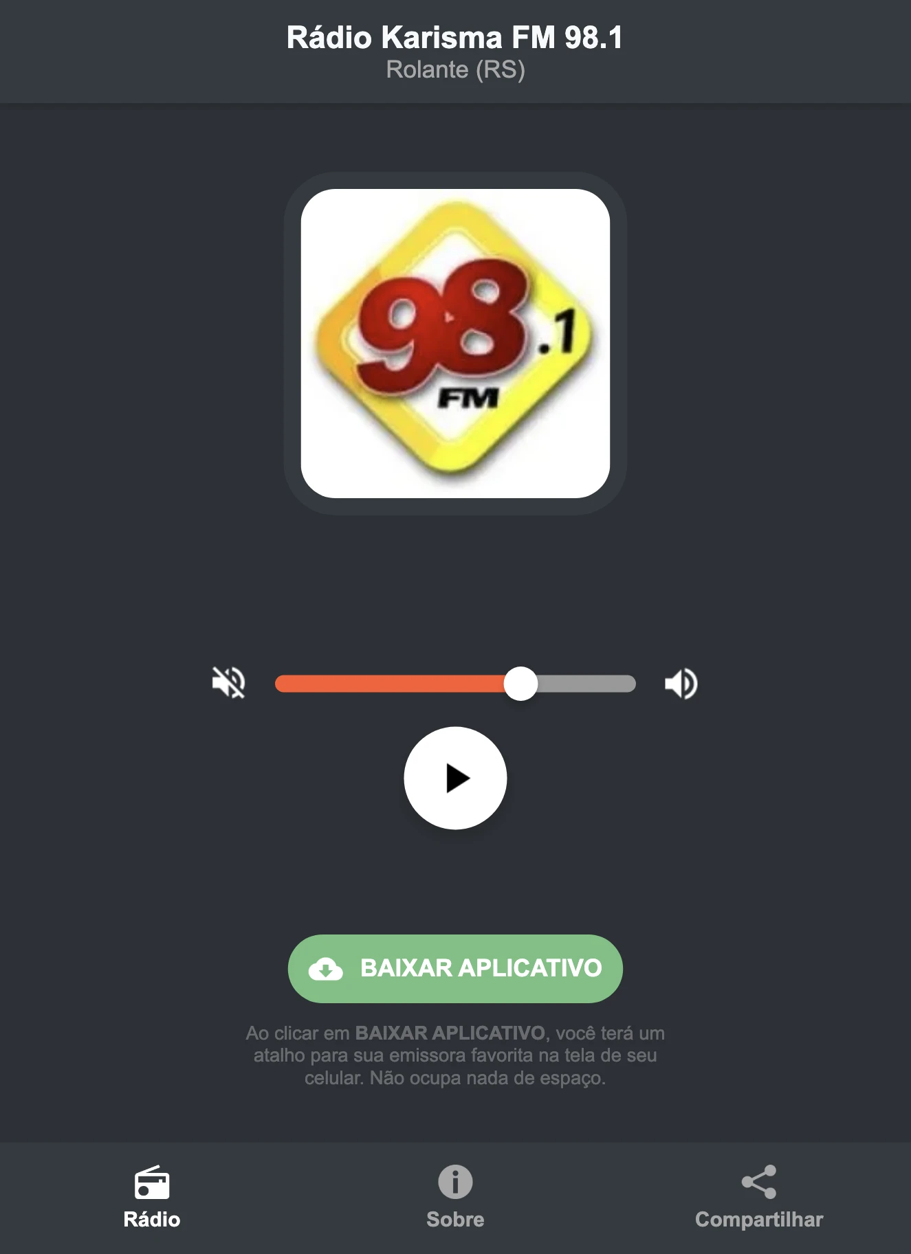 Screenshot do aplicativo da Rádio Karisma FM 98.1
