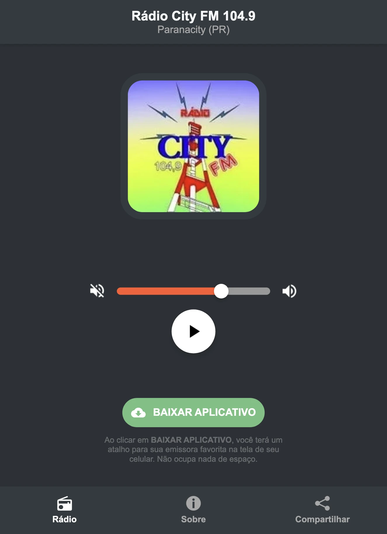 Screenshot do aplicativo da Rádio City FM 104.9