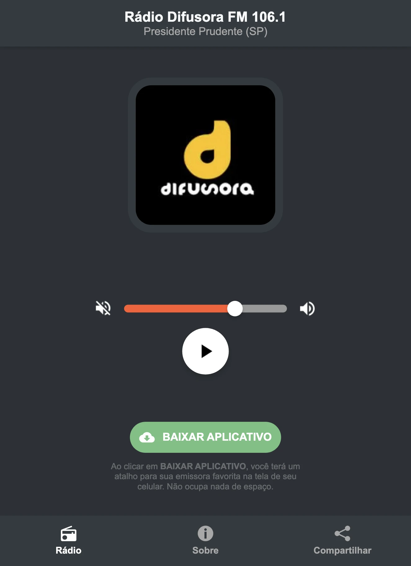 Screenshot do aplicativo da Rádio Difusora FM 106.1