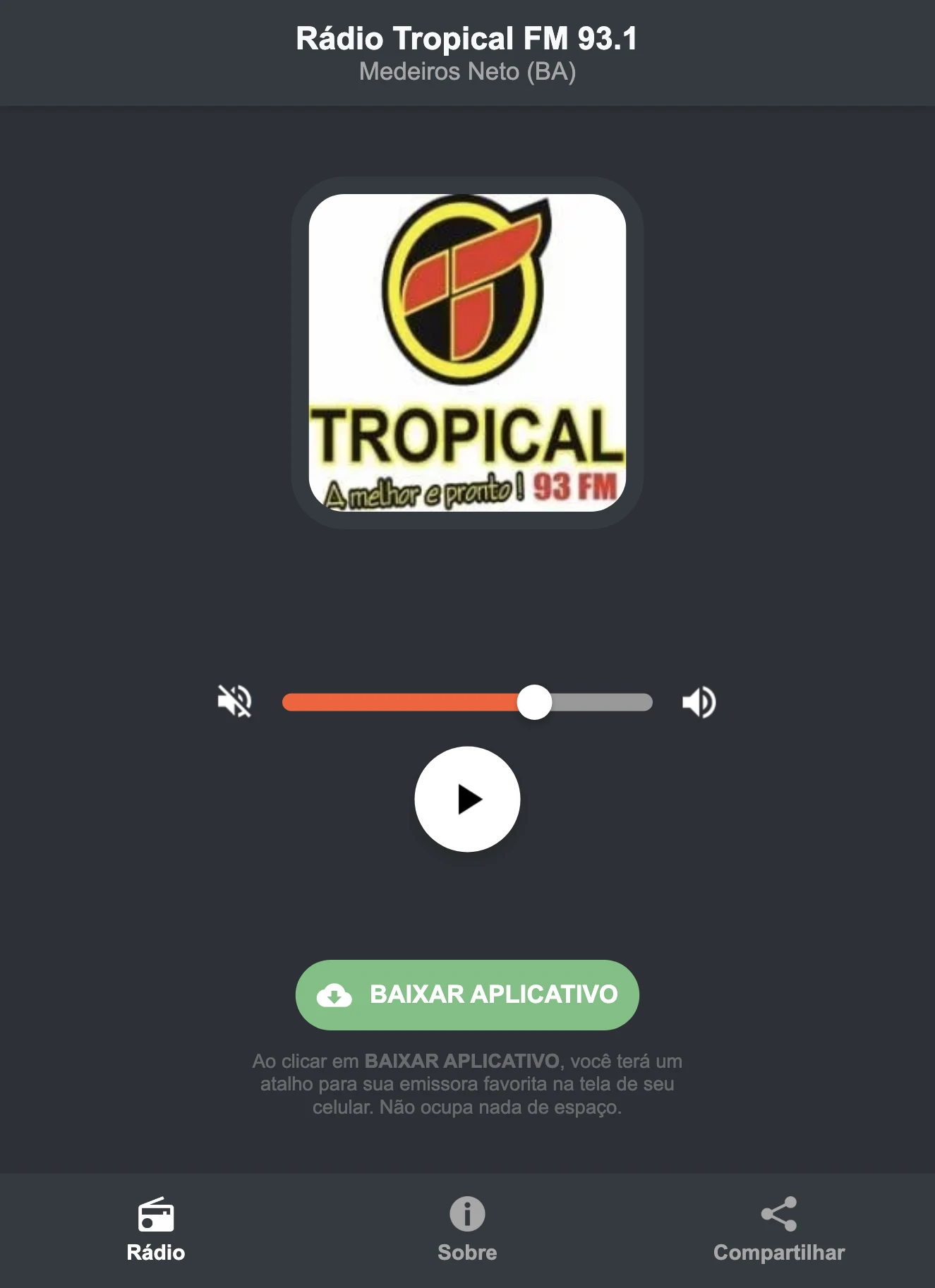 Screenshot do aplicativo da Rádio Tropical FM 93.1