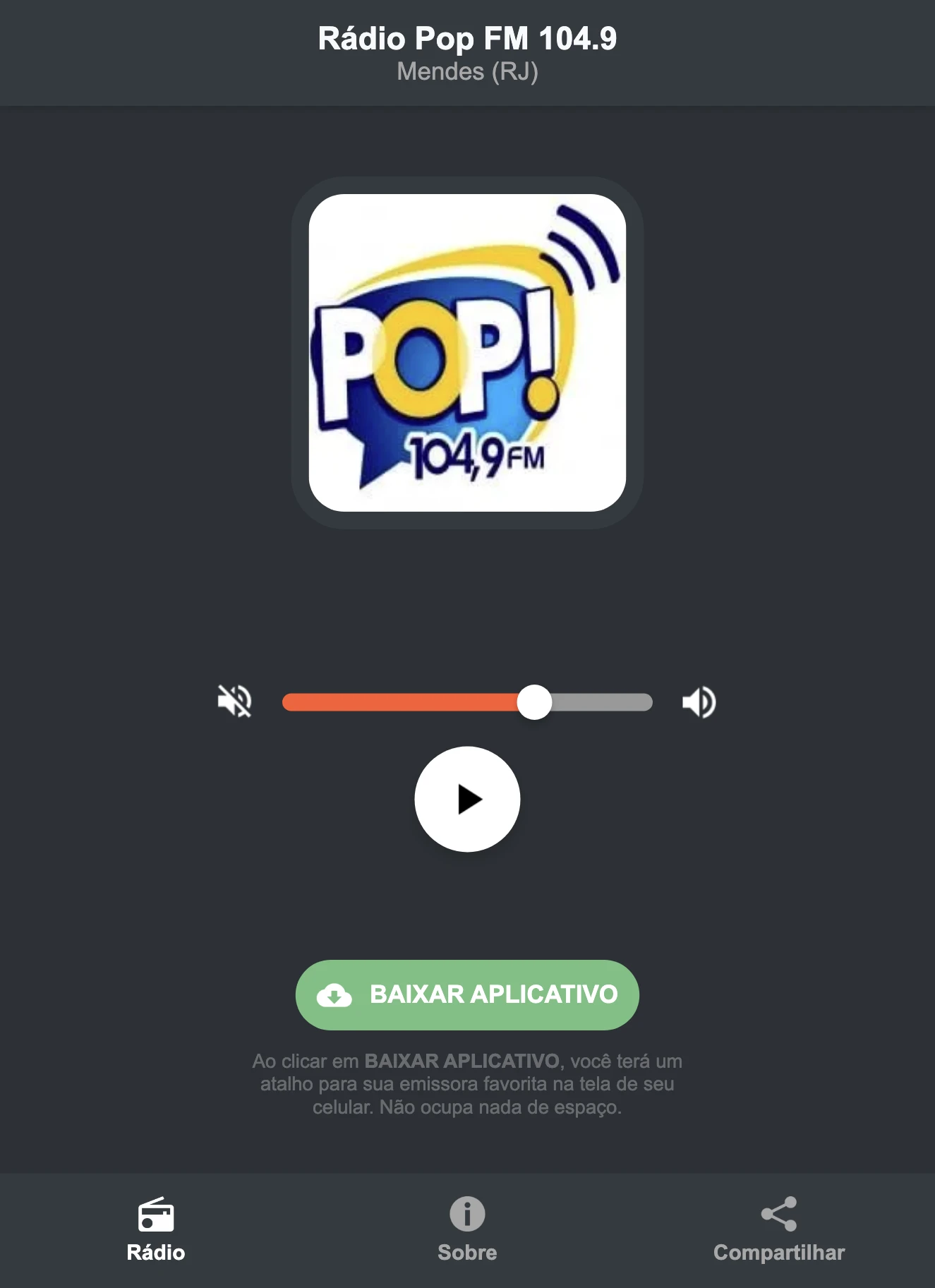 Screenshot do aplicativo da Rádio Pop FM 104.9
