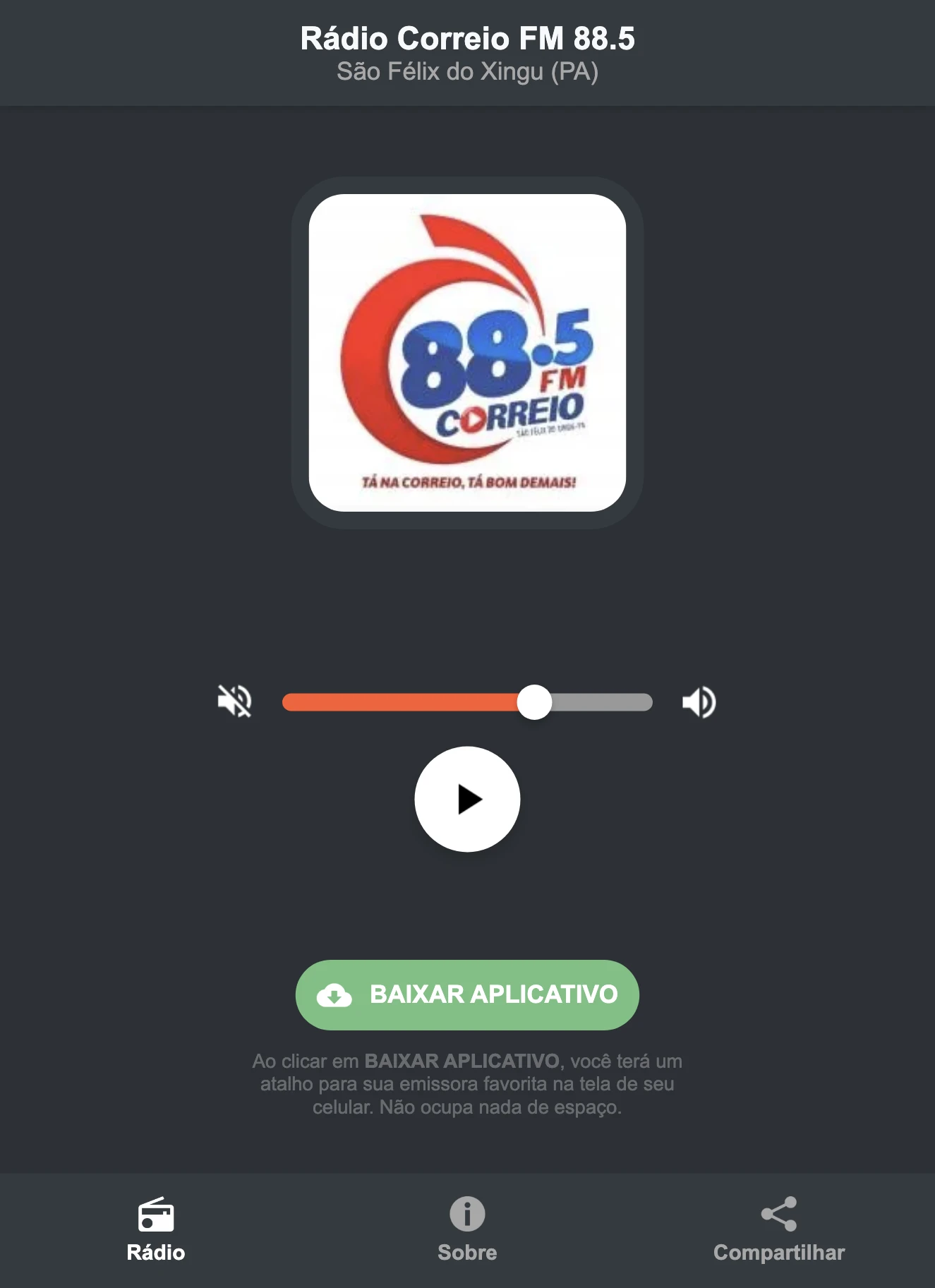 Screenshot do aplicativo da Rádio Correio FM 88.5