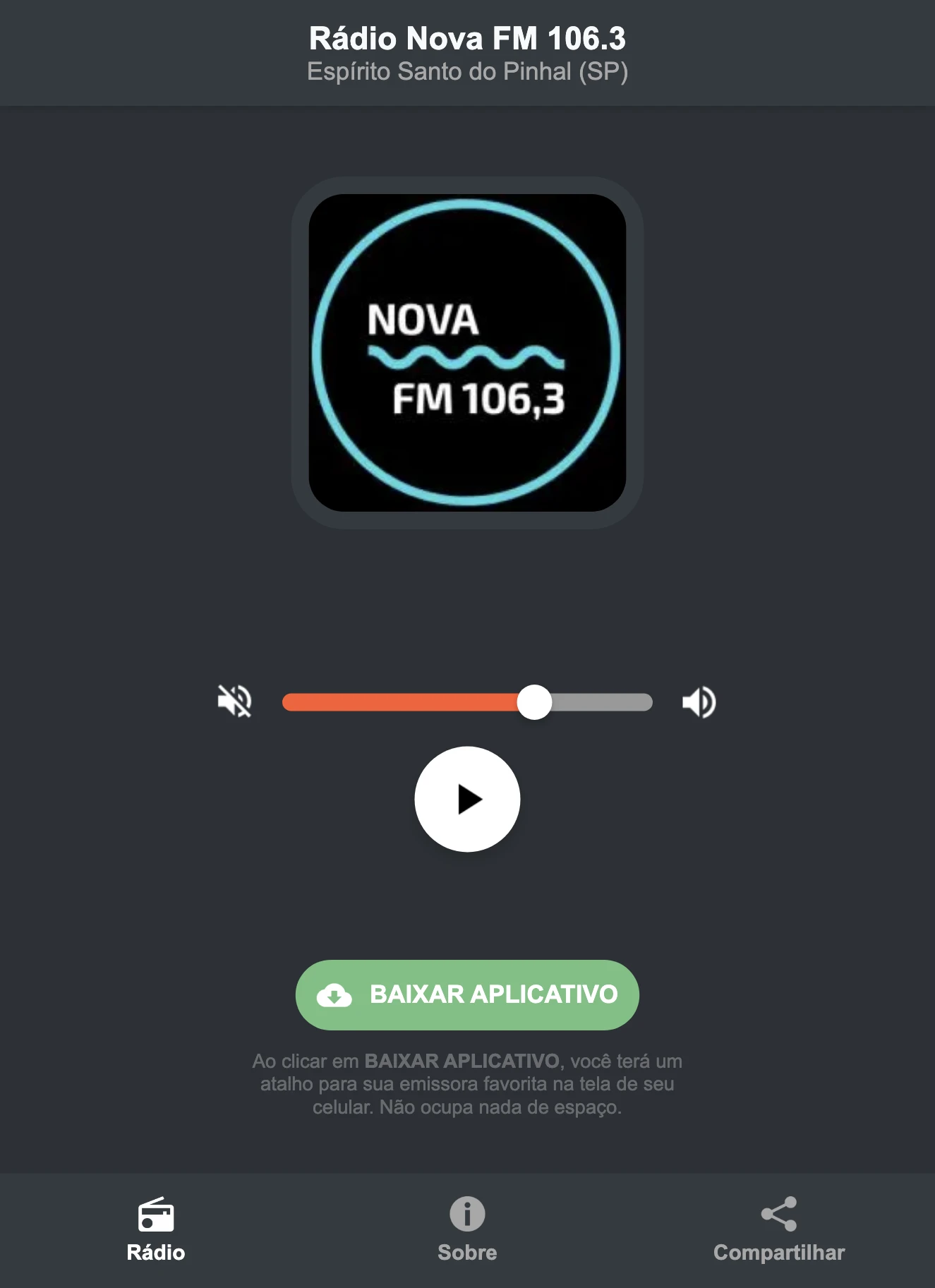 Screenshot do aplicativo da Rádio Nova FM 106.3