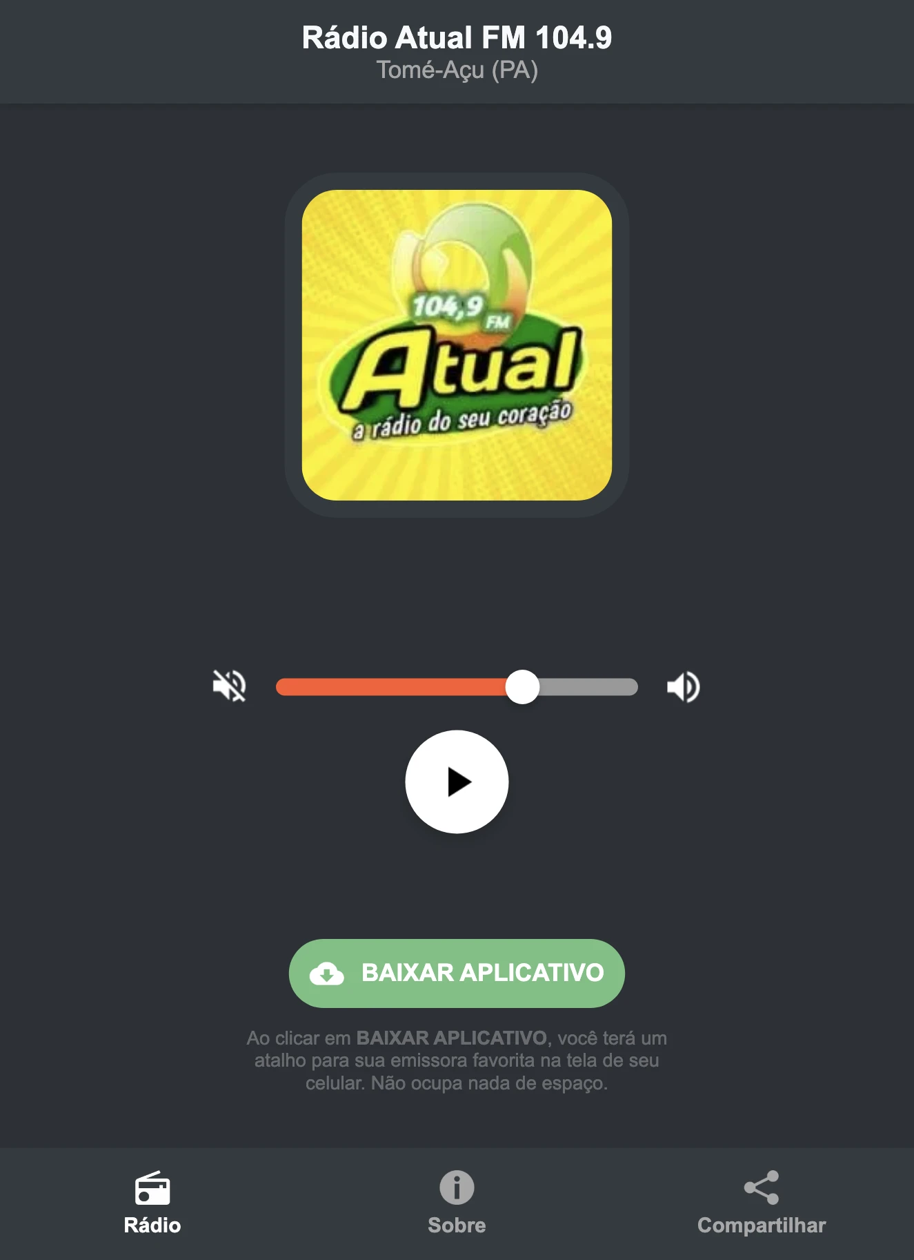 Screenshot do aplicativo da Rádio Atual FM 104.9