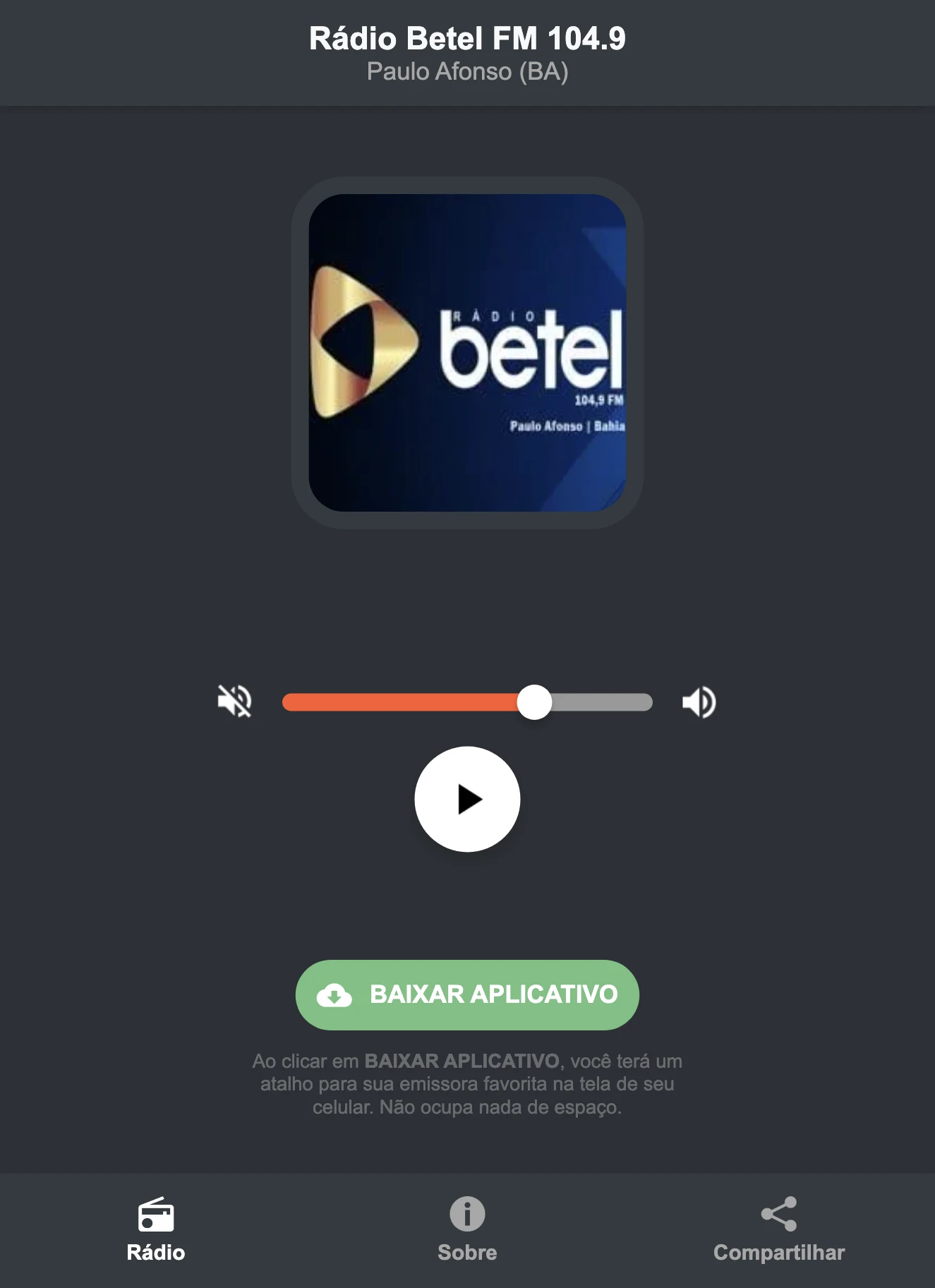 Screenshot do aplicativo da Rádio Betel FM 104.9