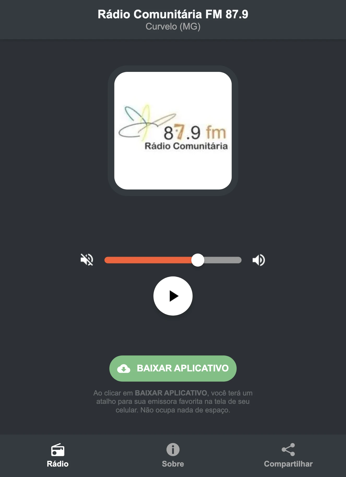 Screenshot do aplicativo da Rádio Comunitária FM 87.9