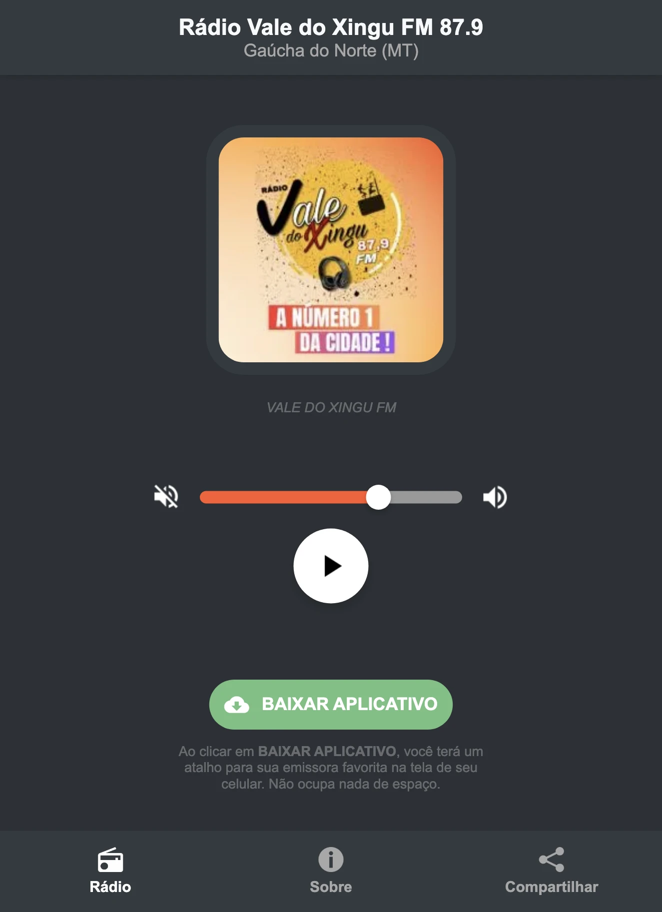 Screenshot do aplicativo da Rádio Vale do Xingu FM 87.9